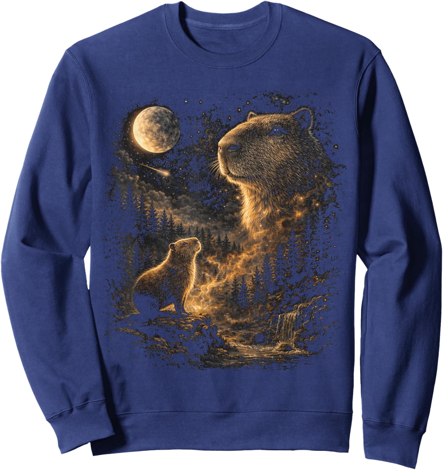 Capybara Howling Moon Meme Vintage 90s Capybara Lovers Sweatshirt - Sweatshirt | Navy