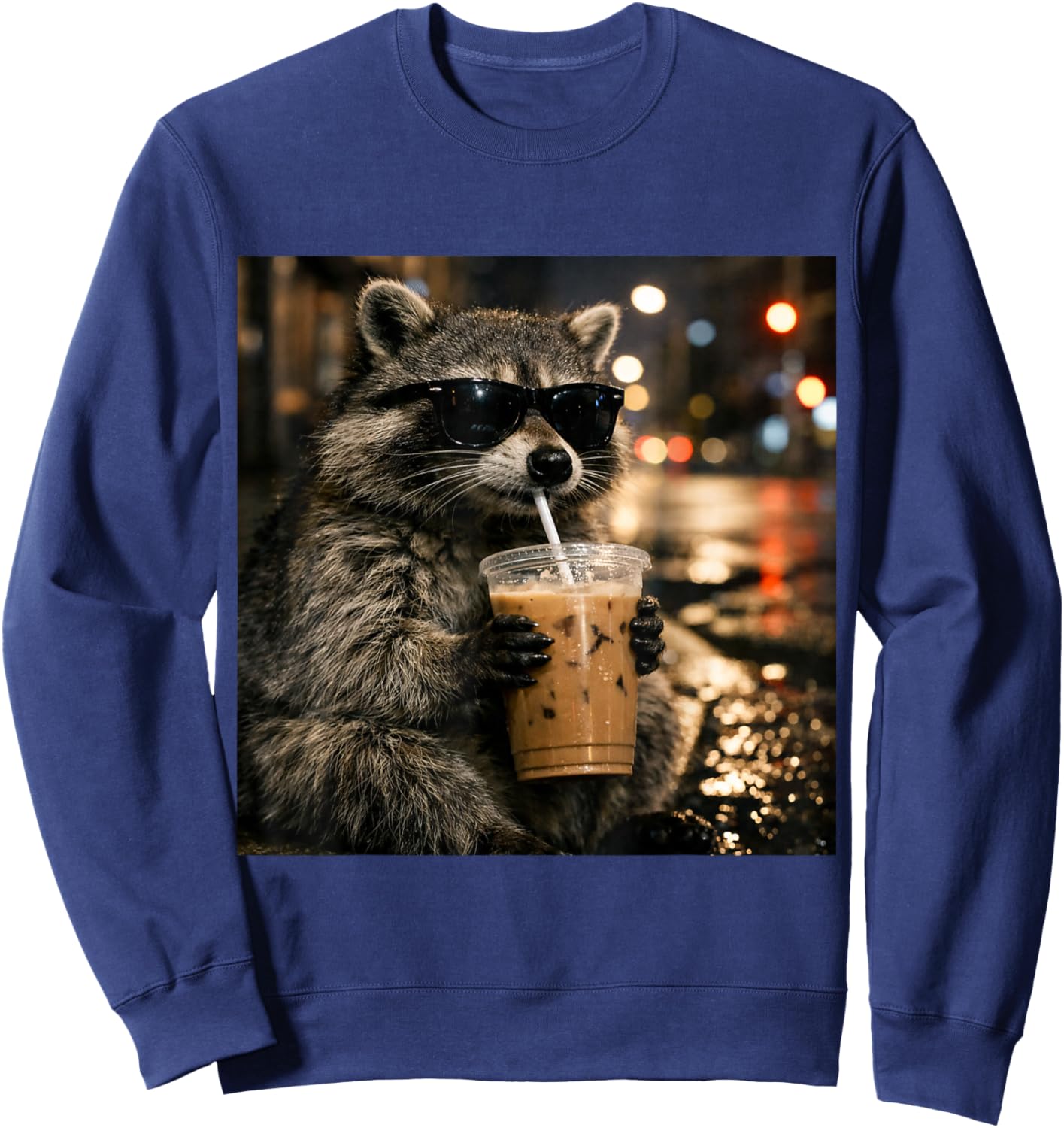 Raccoon Drinking Iced Coffee Funny Animal Meme Men Women Sweatshirt - Sweatshirt | Navy
