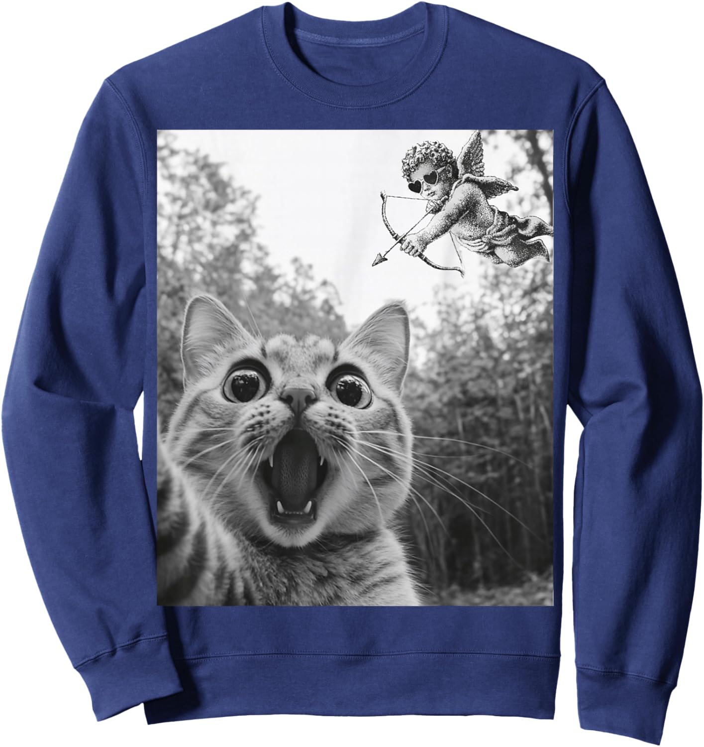 Cat Selfie with Cupid Funny Valentines Cat Lover Kids Sweatshirt - Sweatshirt | Navy
