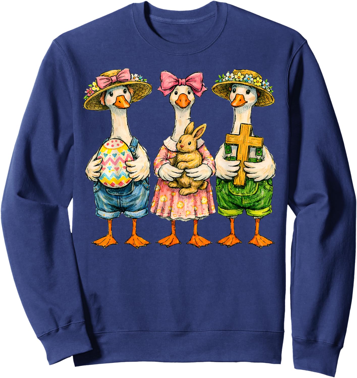 Gooses Farmer Easter Christian Cross Coquette Bunny Egg Sweatshirt - Sweatshirt | Navy