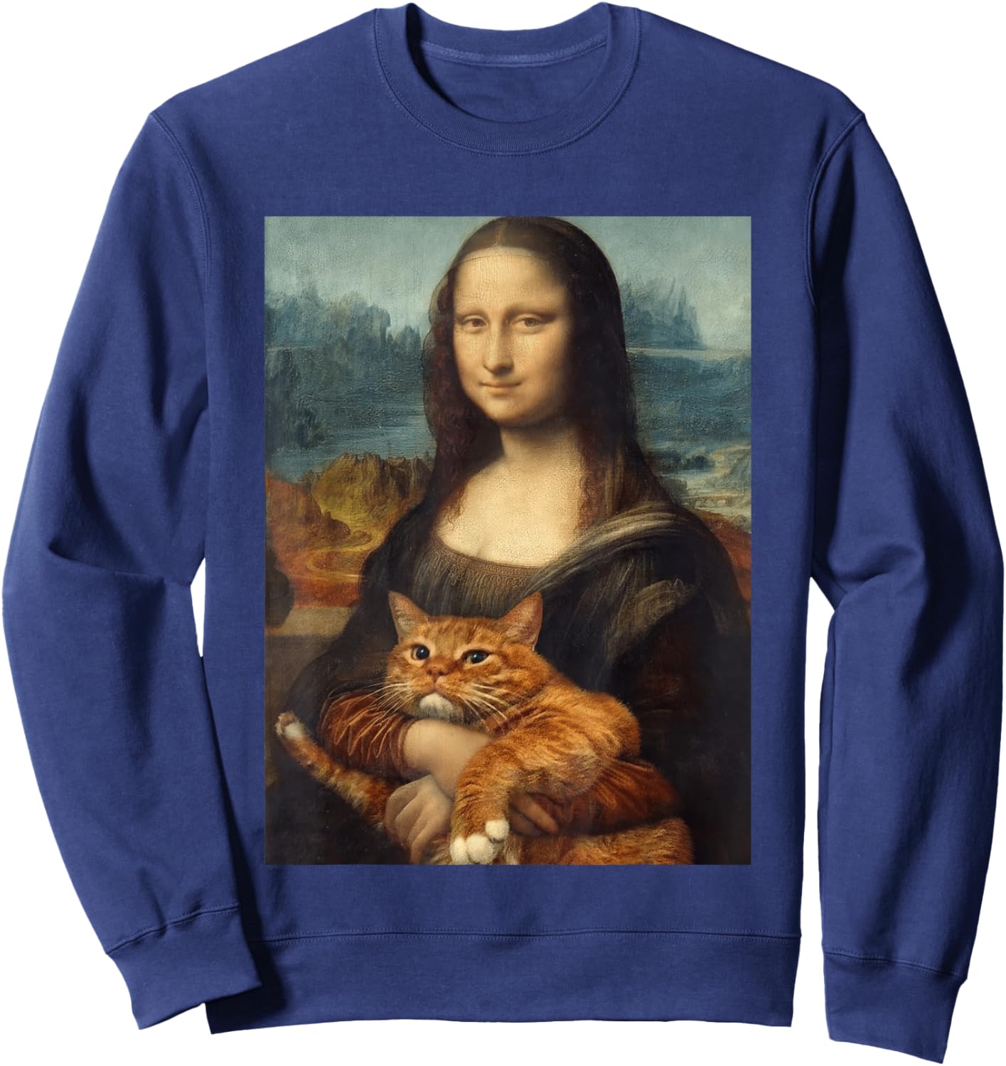 Funny Mona Lisa Holding Cat Meme Sarcastic Kitty Lover Sweatshirt - Sweatshirt | Navy