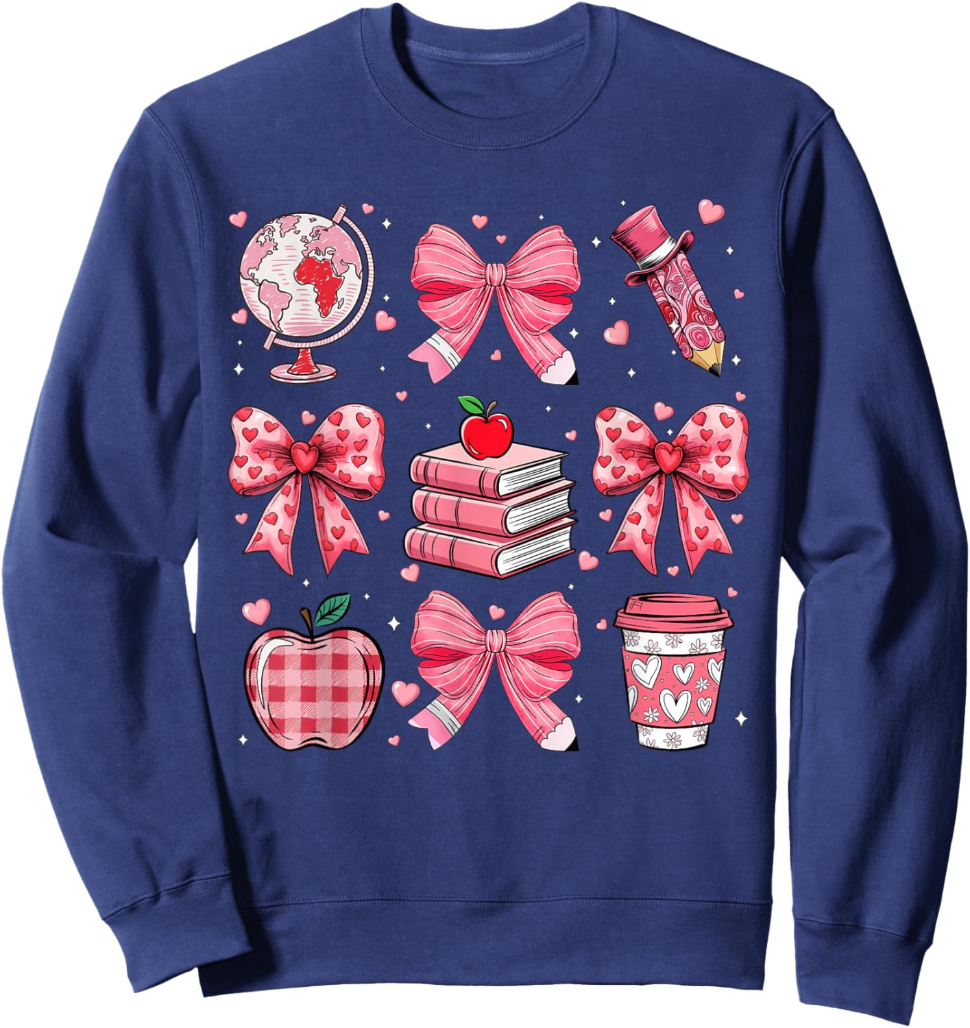 Coquette Pink Bow Apple Teacher Appreciation Valentine Day Sweatshirt - Sweatshirt | Navy