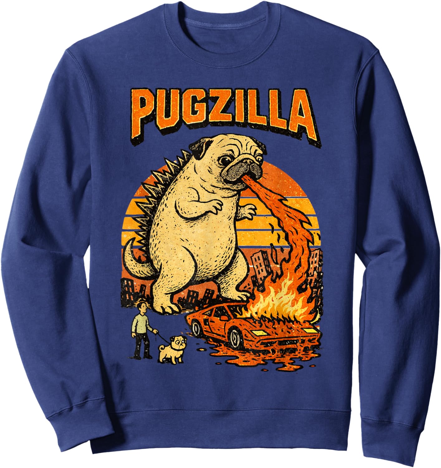 Pugzilla Funny Giant Pug Dog Meme Parody Illustration Sweatshirt - Sweatshirt | Navy