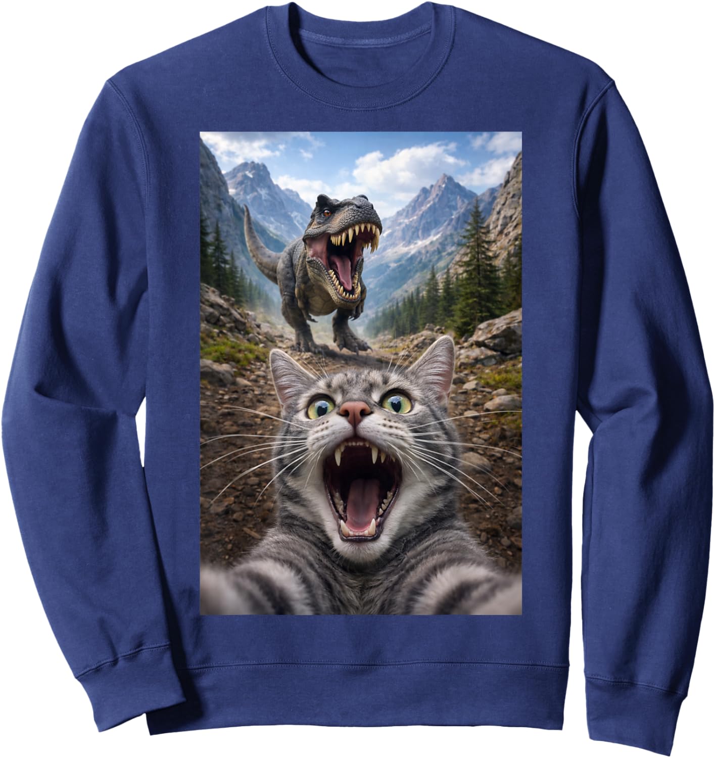 Funny Cat Selfie Running from T-Rex Dinosaur Sweatshirt - Sweatshirt | Navy