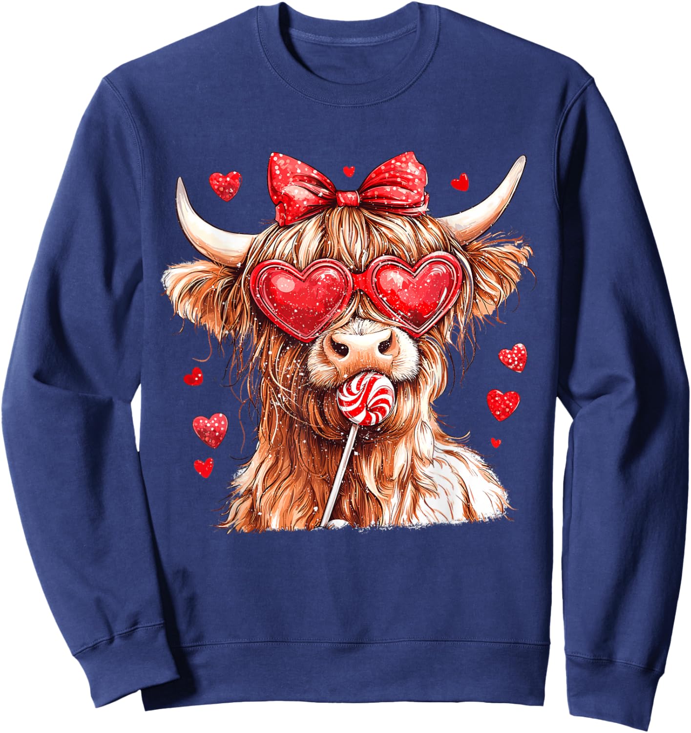Cute Highland Cow Candy Cane Heart Valentines Day Scottish Sweatshirt - Sweatshirt | Navy