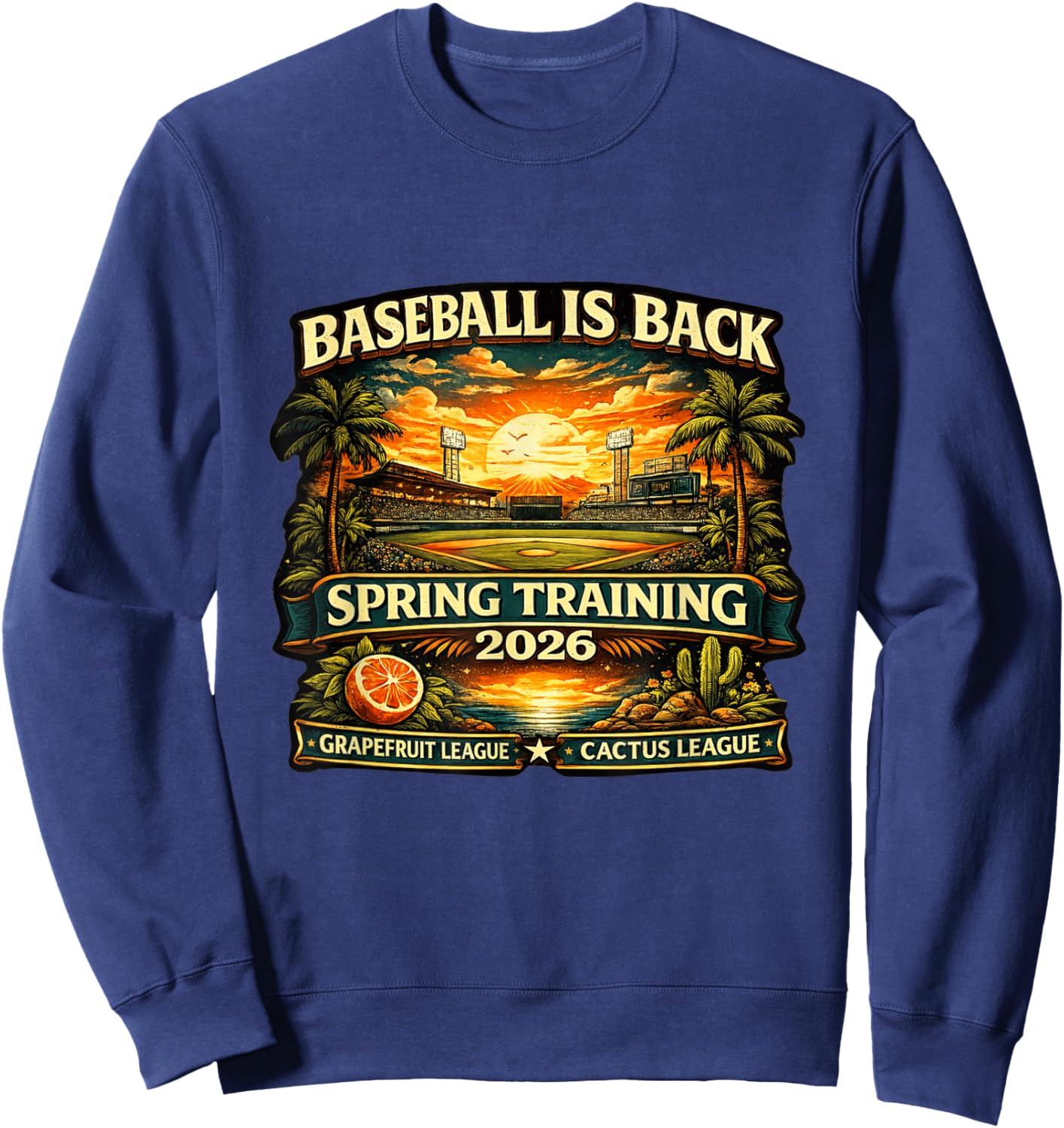 Spring Training Baseball is Back 2026 Retro Stadium Sunset Sweatshirt - Sweatshirt | Navy