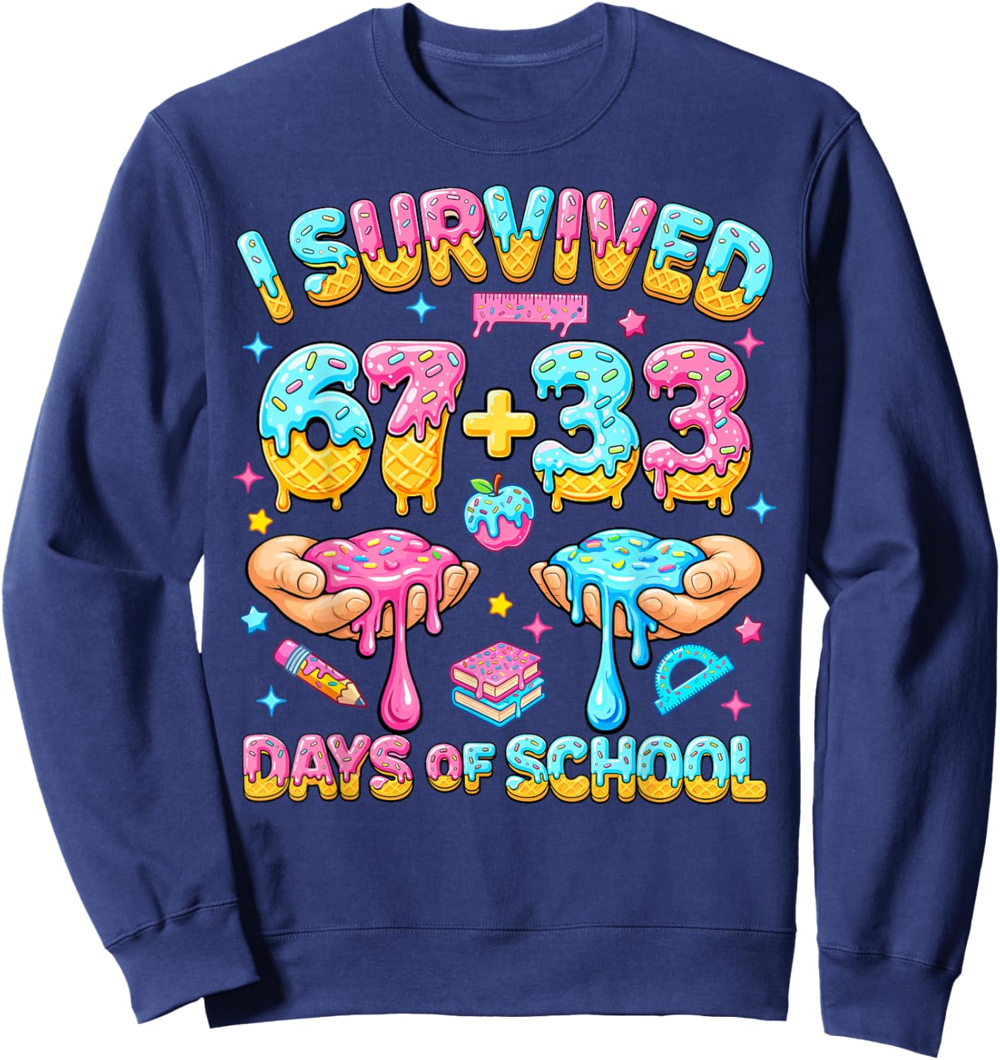 I Survived 67+33 Days of School 100 Days Teachers Kids Boys Sweatshirt - Sweatshirt | Navy