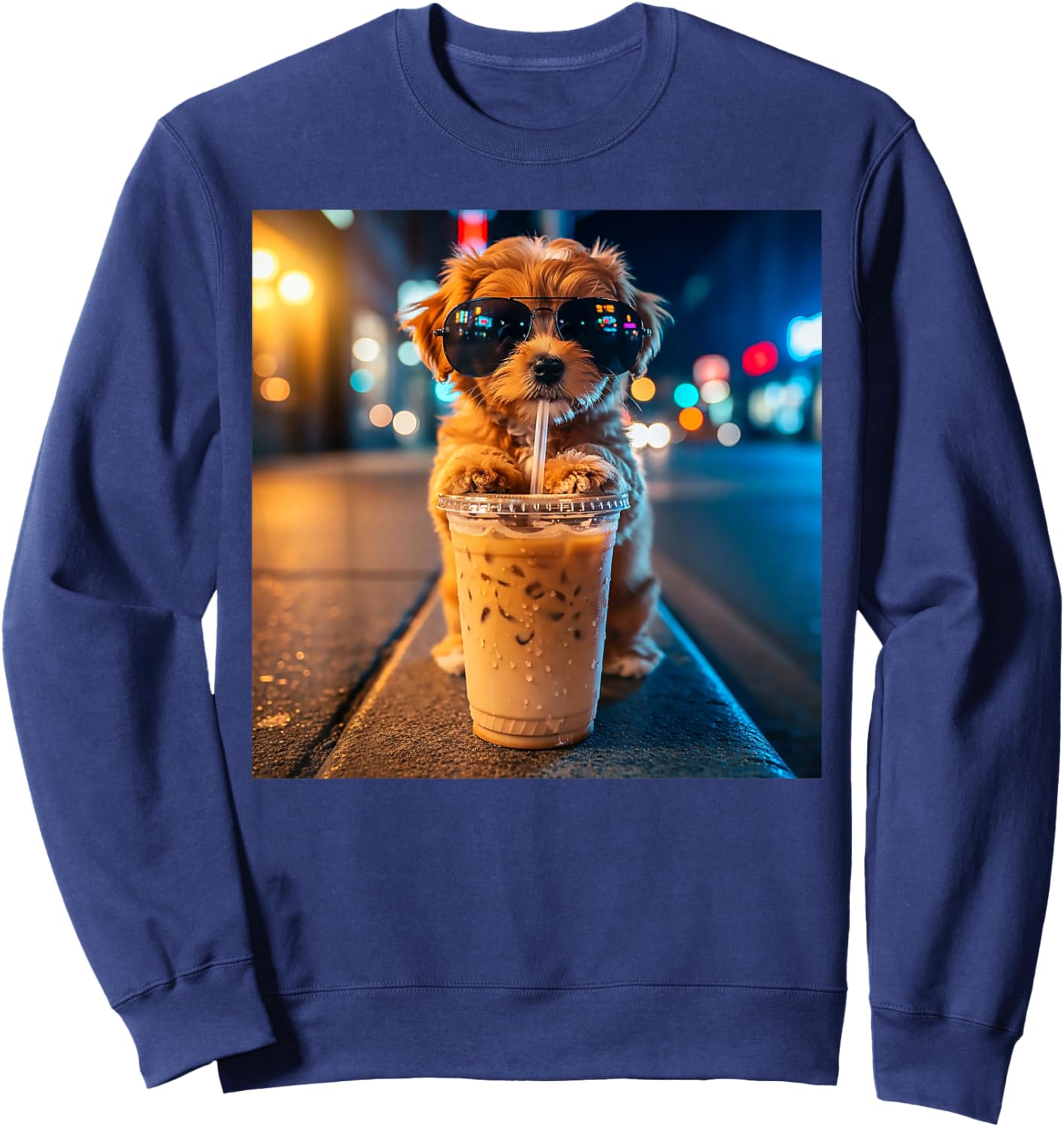 Funny Goldendoodle Drinking Iced Coffee Animal Meme Humor Sweatshirt - Sweatshirt | Navy