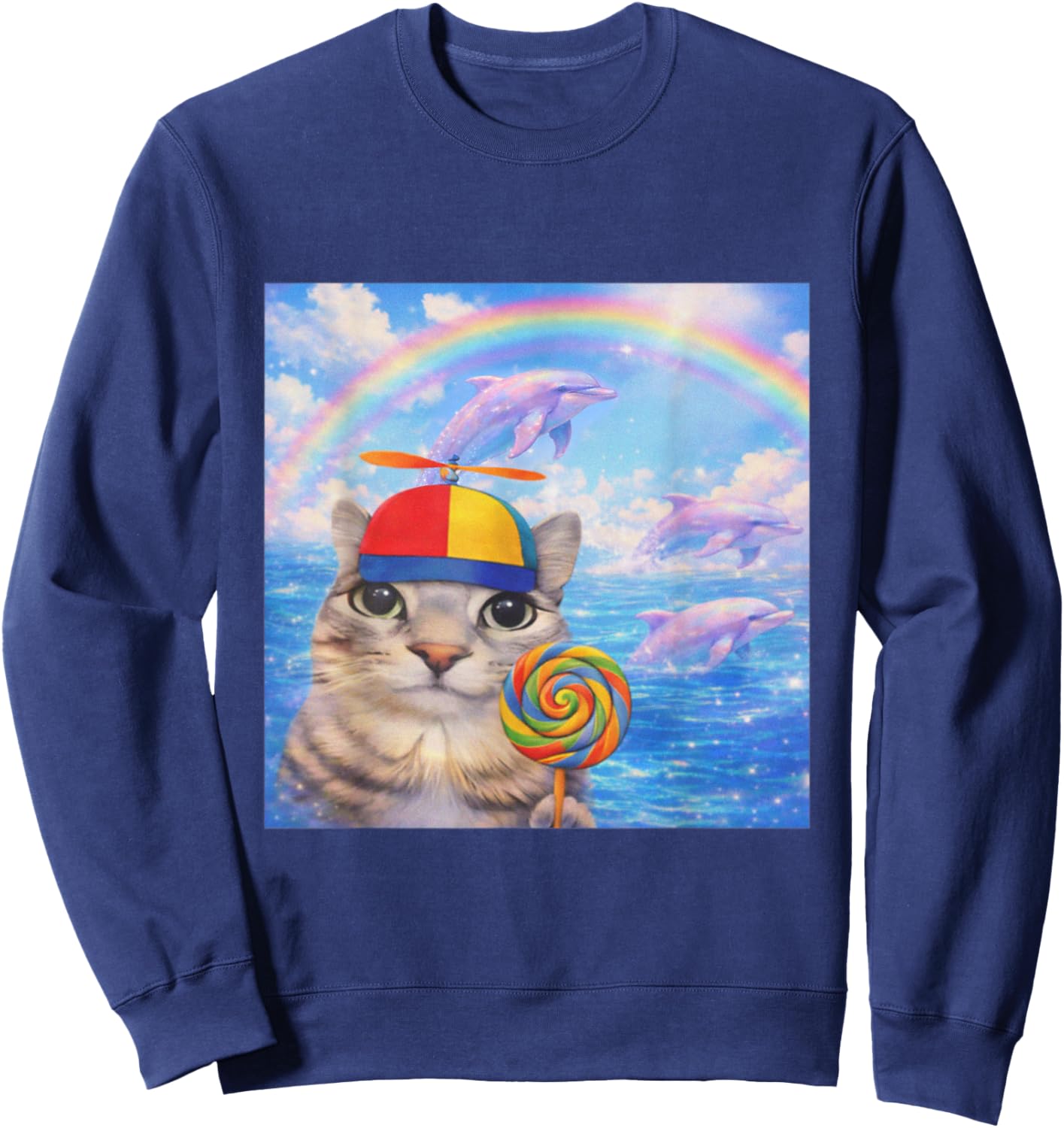 Happy Cat Dreamcore Funny Silly Cat Kitten Brainrot Meme Sweatshirt - Sweatshirt | Navy