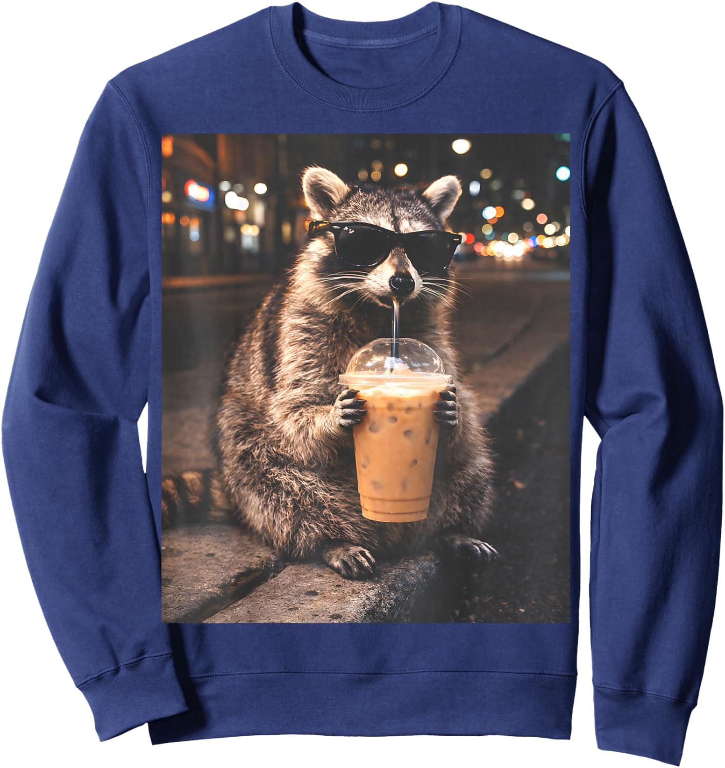 Raccoon Drinking Iced Coffee Funny Animal Meme Men Women Sweatshirt - Sweatshirt | Navy