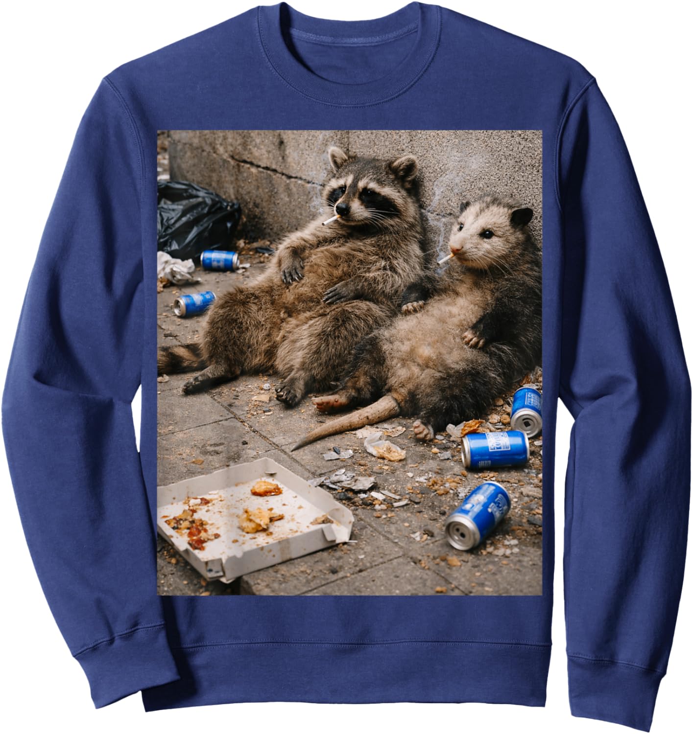 Raccoon and Opossum Smoking Cigarette with Trash Sweatshirt - Sweatshirt | Navy