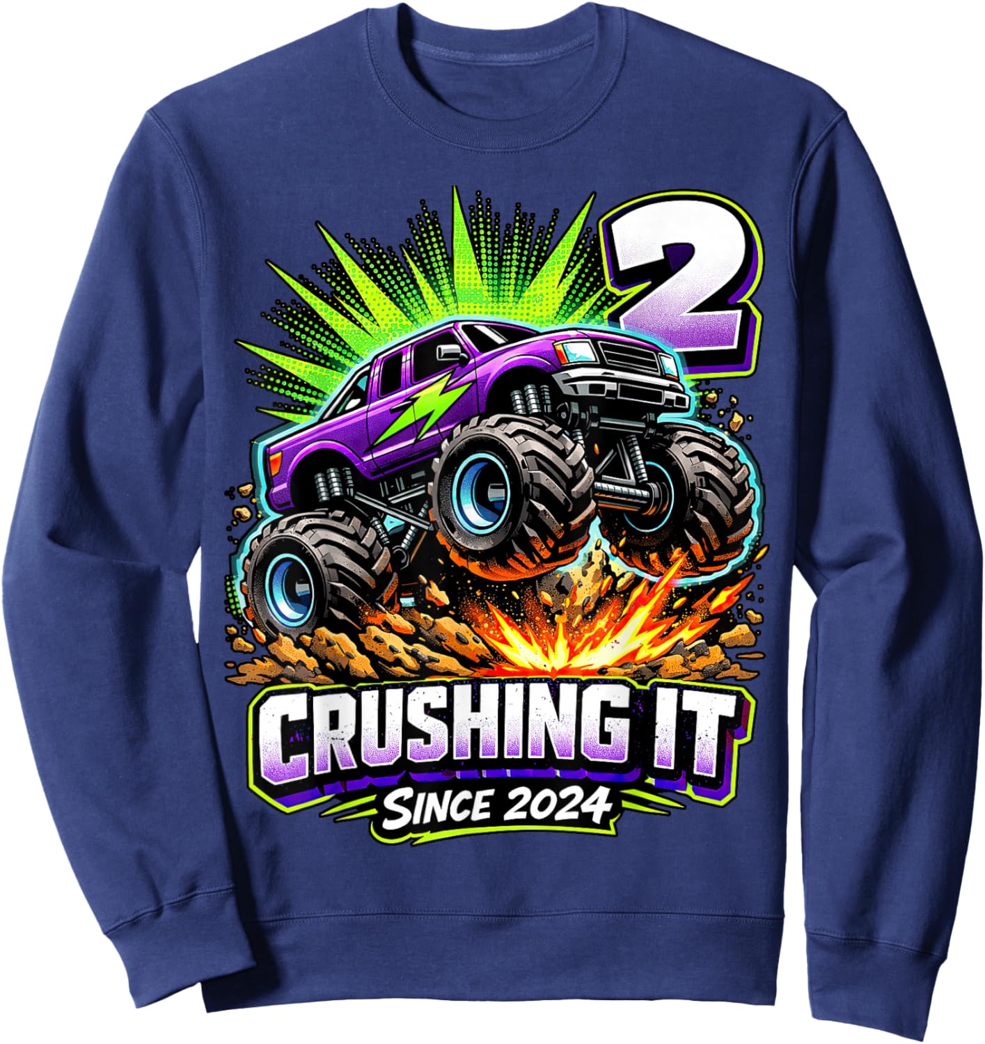 Birthday Monster Truck 2 Year Old Boys 2nd Party Born 2024 Sweatshirt - Sweatshirt | Navy