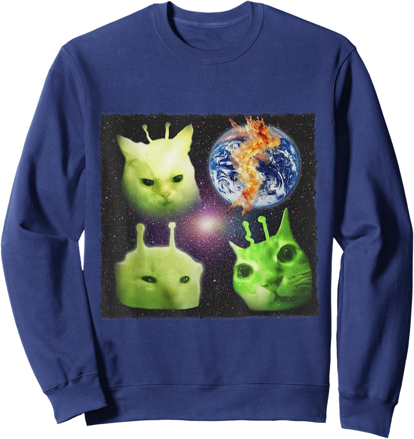 Y2k Alien UFO Cat Meme Silly Cats Retro Cat Lover Vintage Sweatshirt - Sweatshirt | Navy