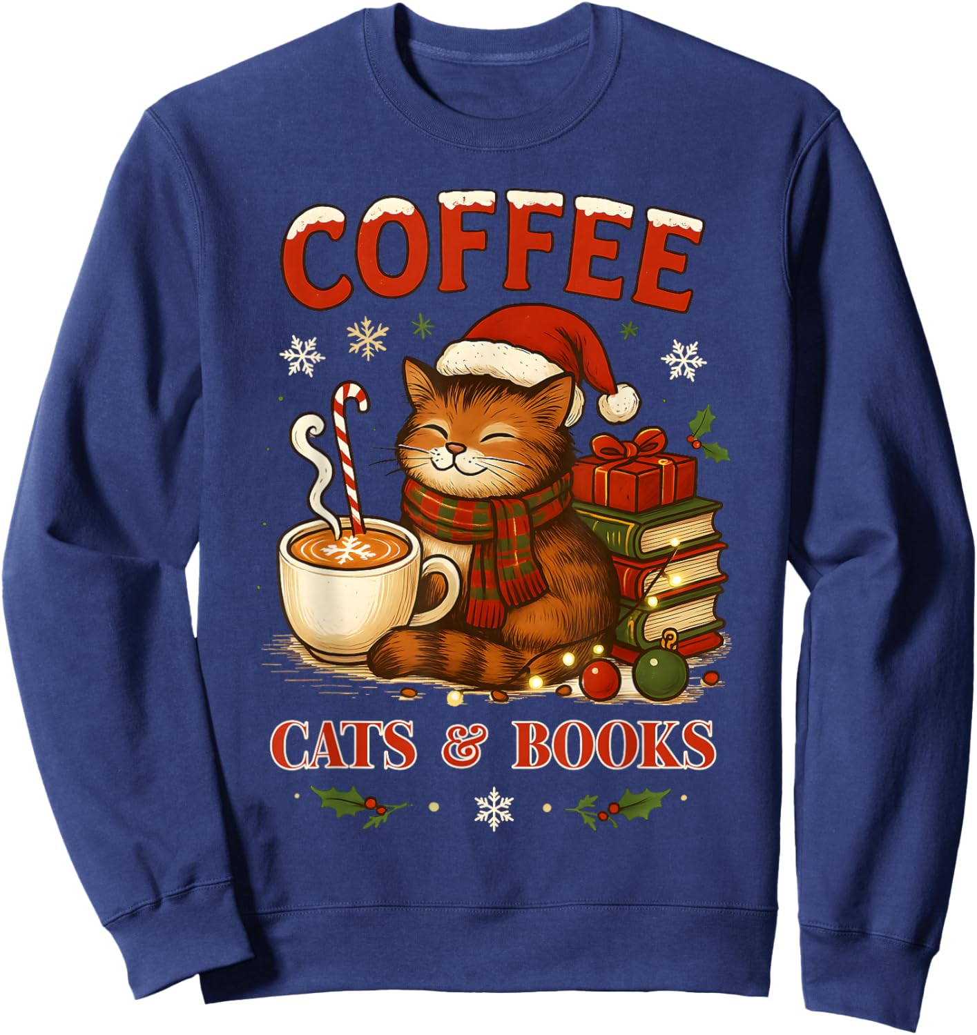 Funny Christmas Cute Coffee Cats Books Lover Gift Women Sweatshirt - Sweatshirt | Navy