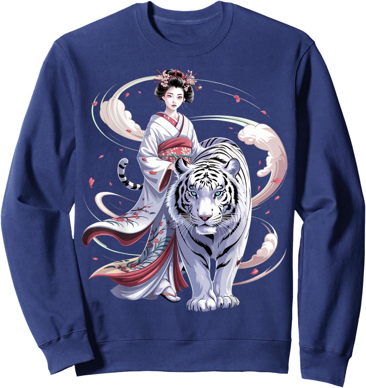 White Tiger Sakura Japanese Geisha Guardian Sweatshirt - Sweatshirt | Navy