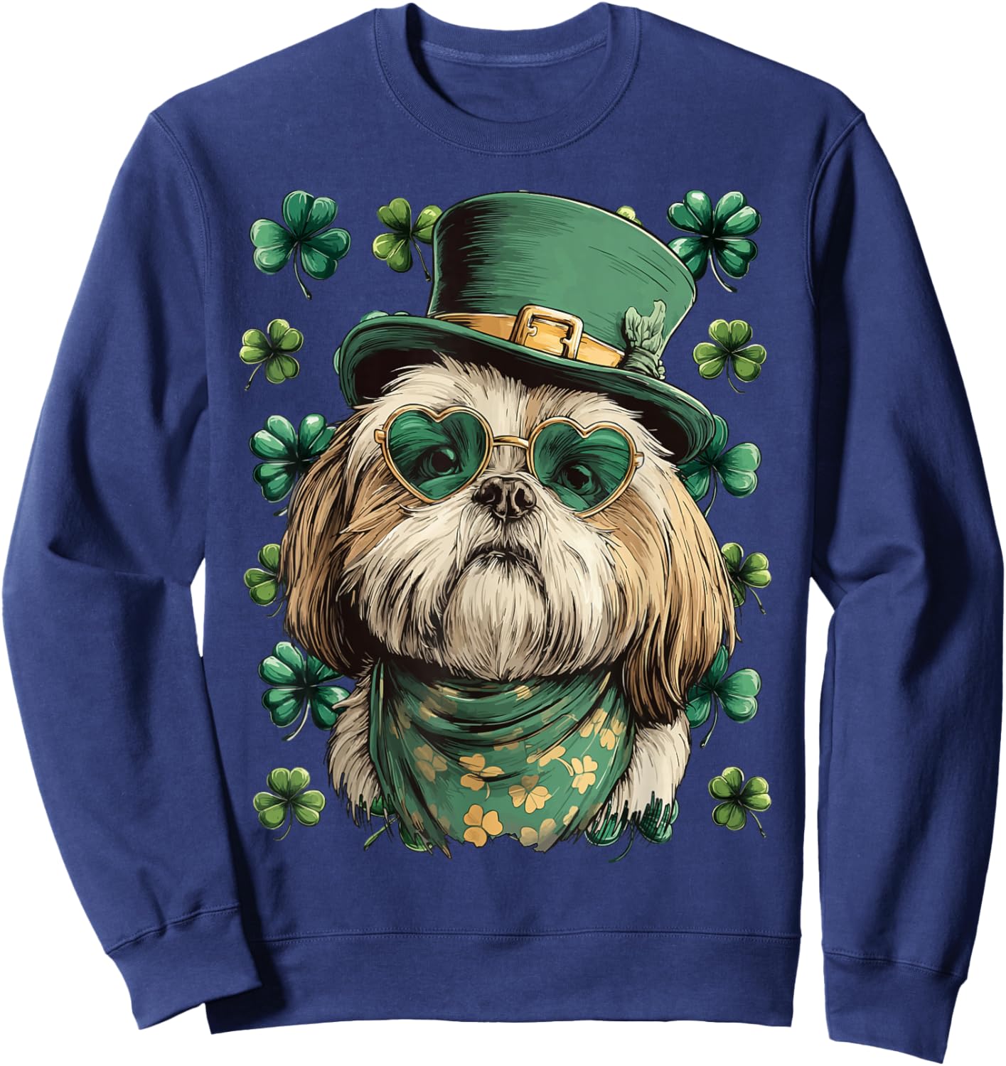 Shih Tzu with Shamrocks Hearts Sunglasses St Patricks Day Sweatshirt - Sweatshirt | Navy
