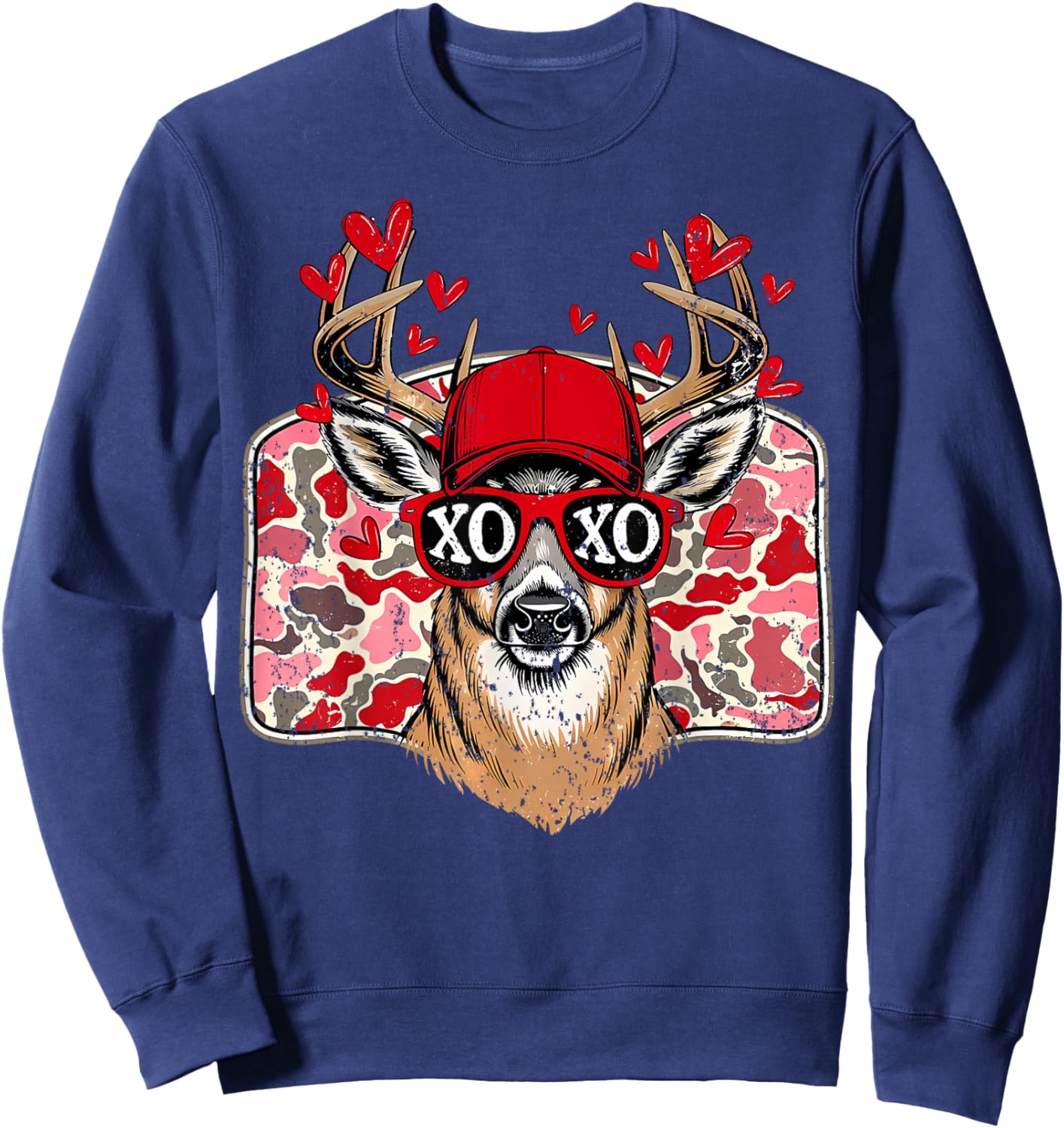 Retro Valentine Buck Deer Hunting Camo XOXO Valentines Day Sweatshirt - Sweatshirt | Navy