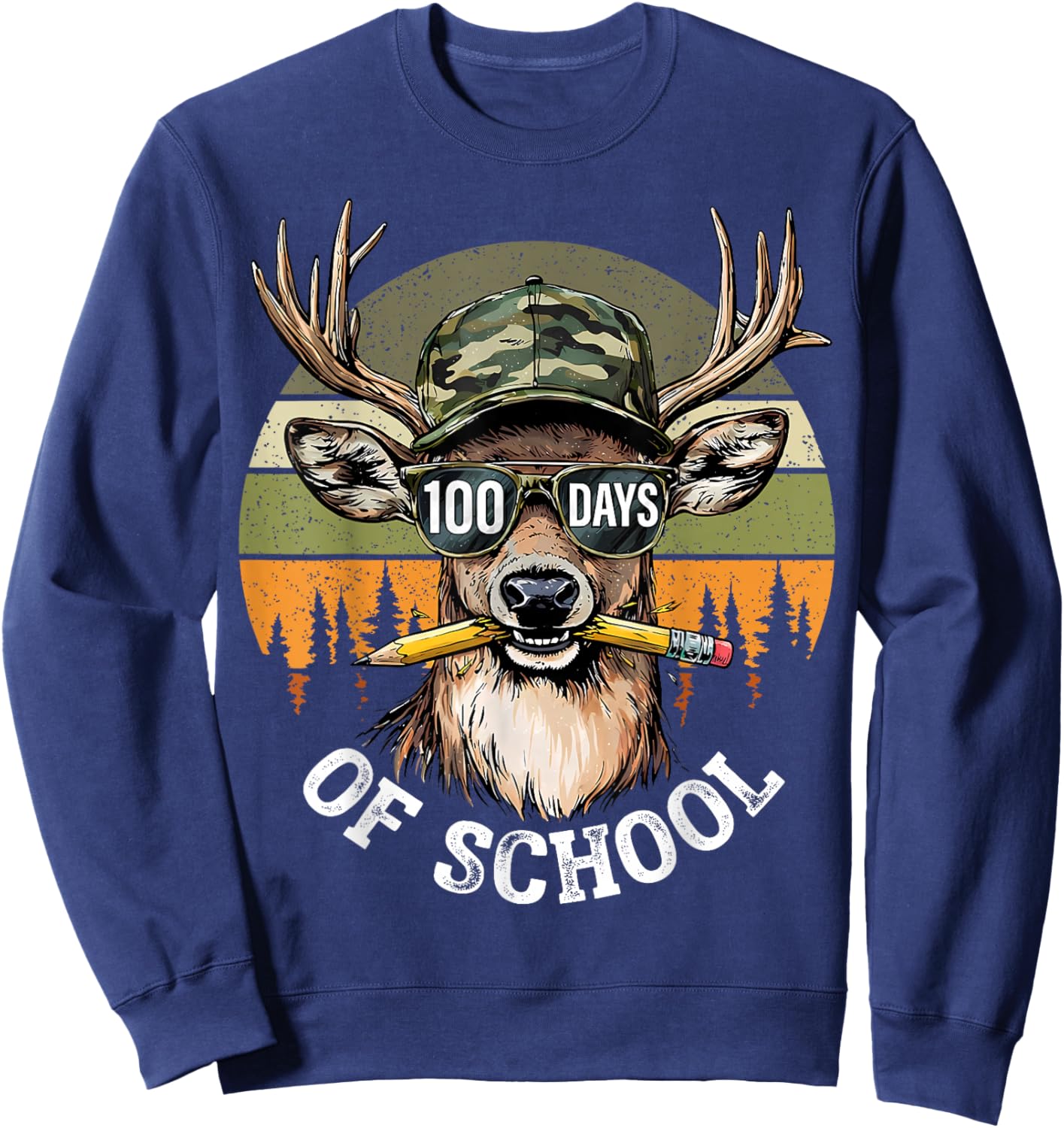 Retro 100 Days of School Camo Buck Pencil Deer Hunting Sweatshirt - Sweatshirt | Navy
