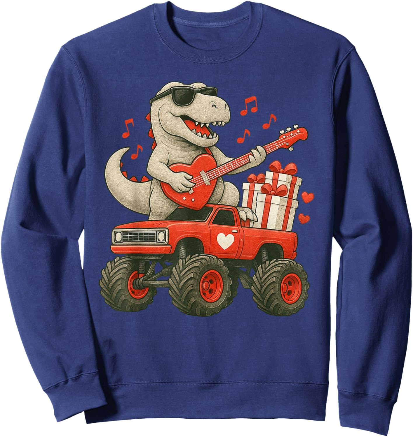 Valentines Day T Rex Riding Monster Truck Guitar Toddler Boy Sweatshirt - Sweatshirt | Navy