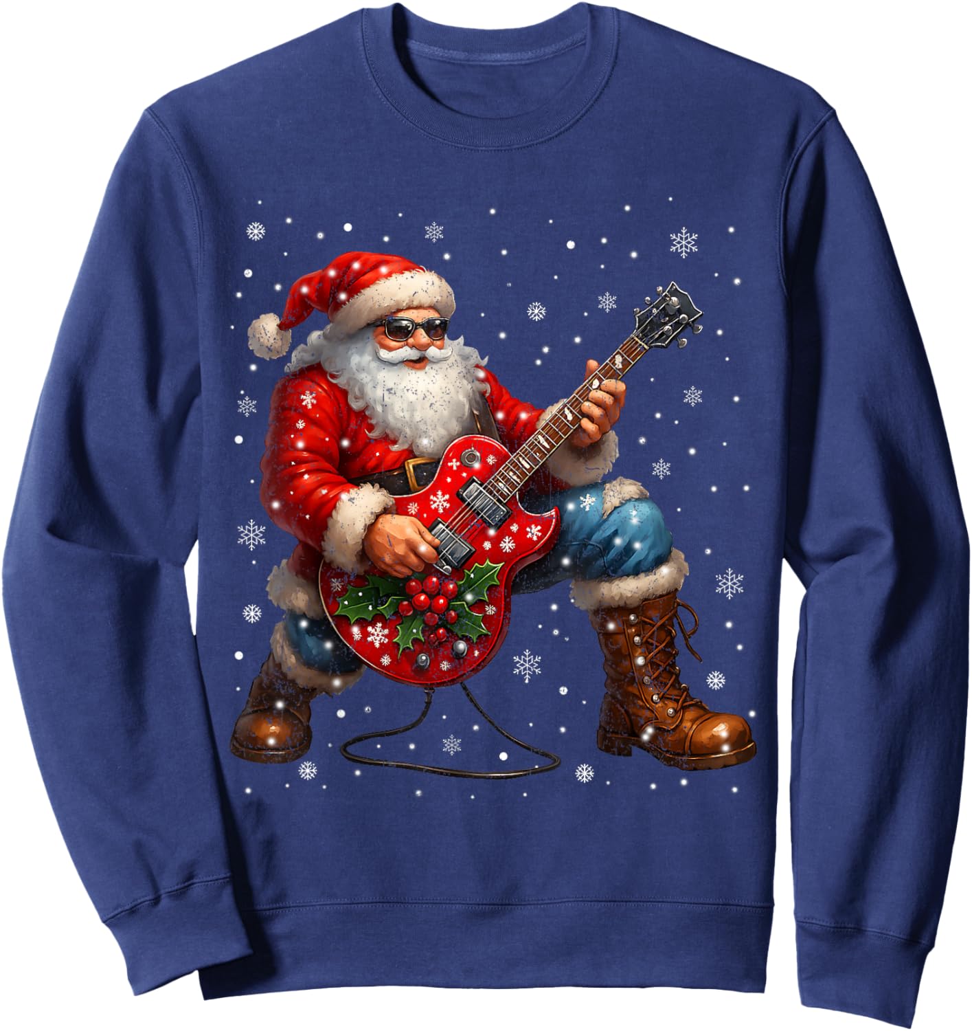 Vintage Rock On Santa Graphic Christmas Xmas Guitar Sweatshirt - Sweatshirt | Navy
