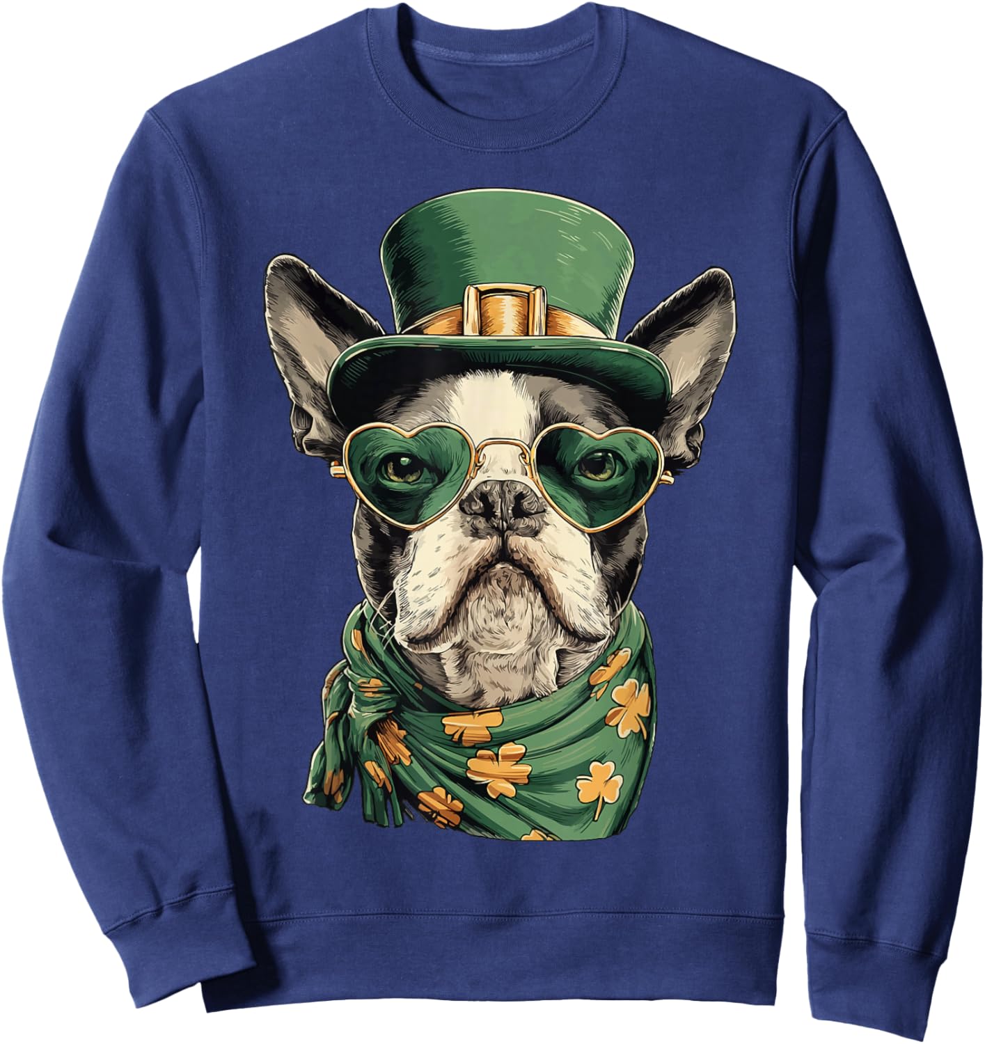 Irish Boston Terrier in Sunglasses Shamrocks St Patricks Day Sweatshirt - Sweatshirt | Navy