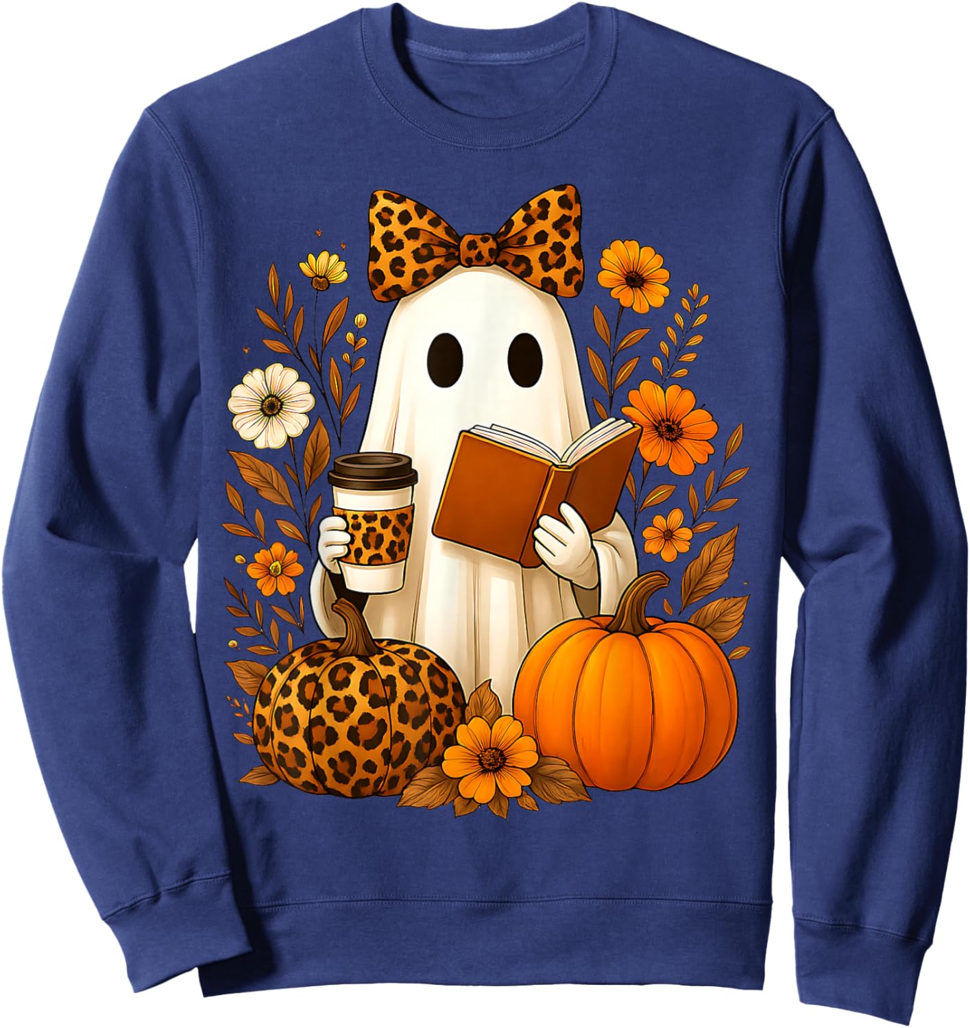 Ghost Reading Book Coffee Leopard Print Fall Halloween Women Sweatshirt - Sweatshirt | Navy
