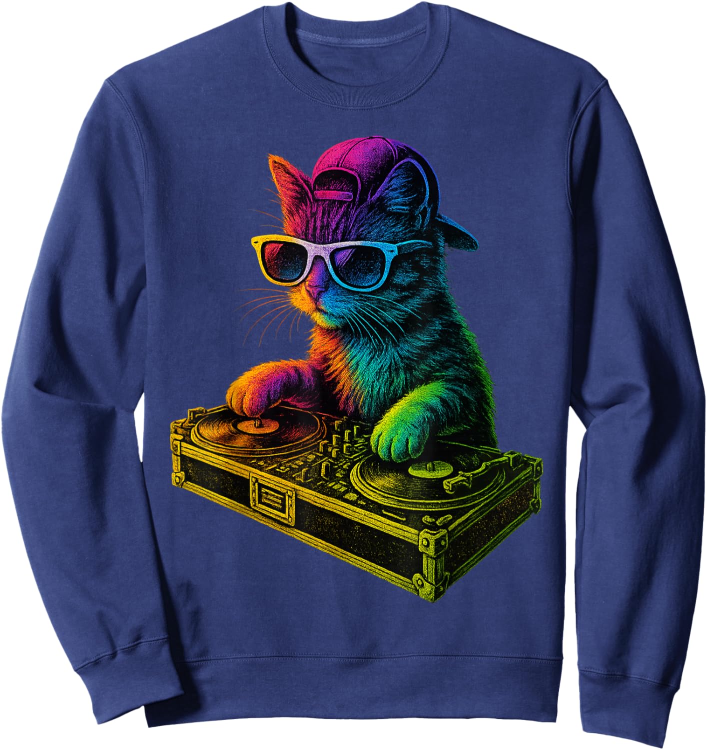 Rainbow DJ Cat Kitty House Music Turntable Design Sweatshirt - Sweatshirt | Navy