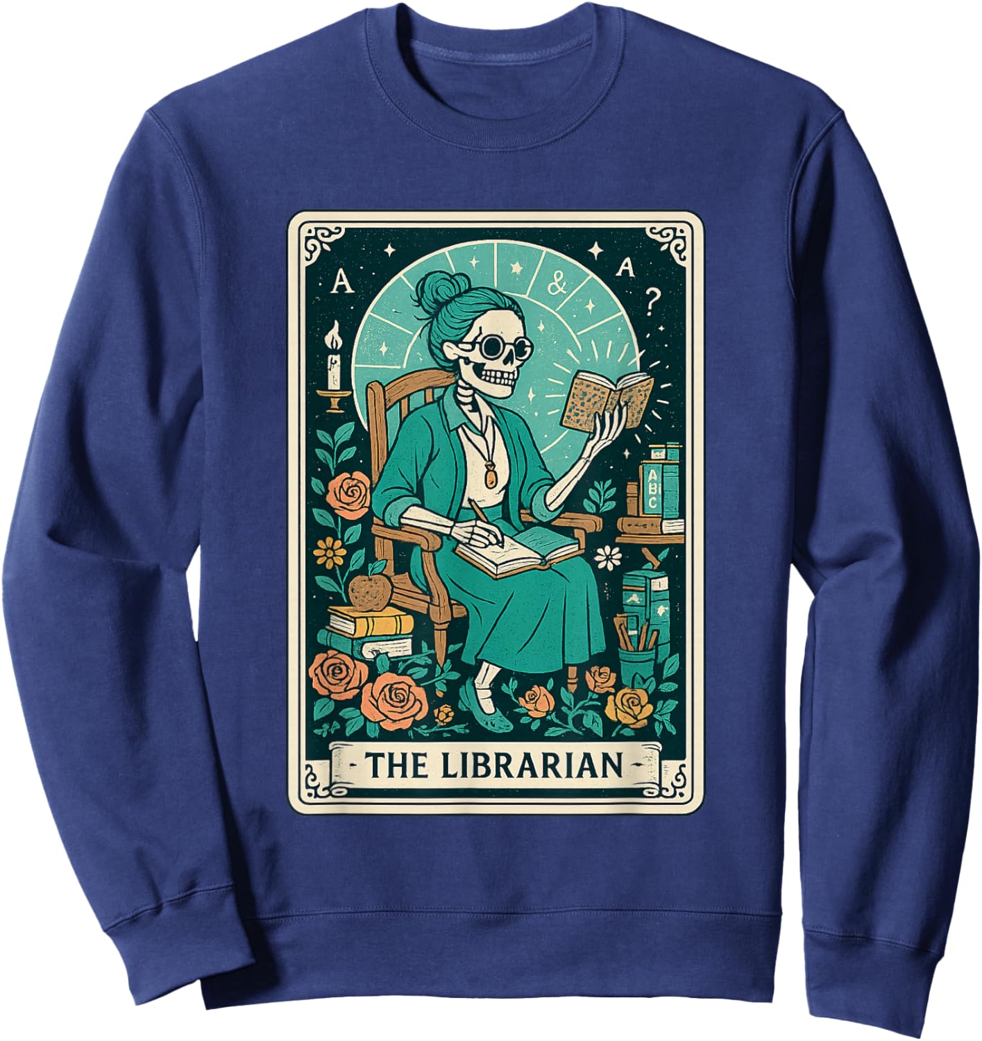 The Librarian Tarot Card Skeleton Book Lover Halloween Sweatshirt - Sweatshirt | Navy