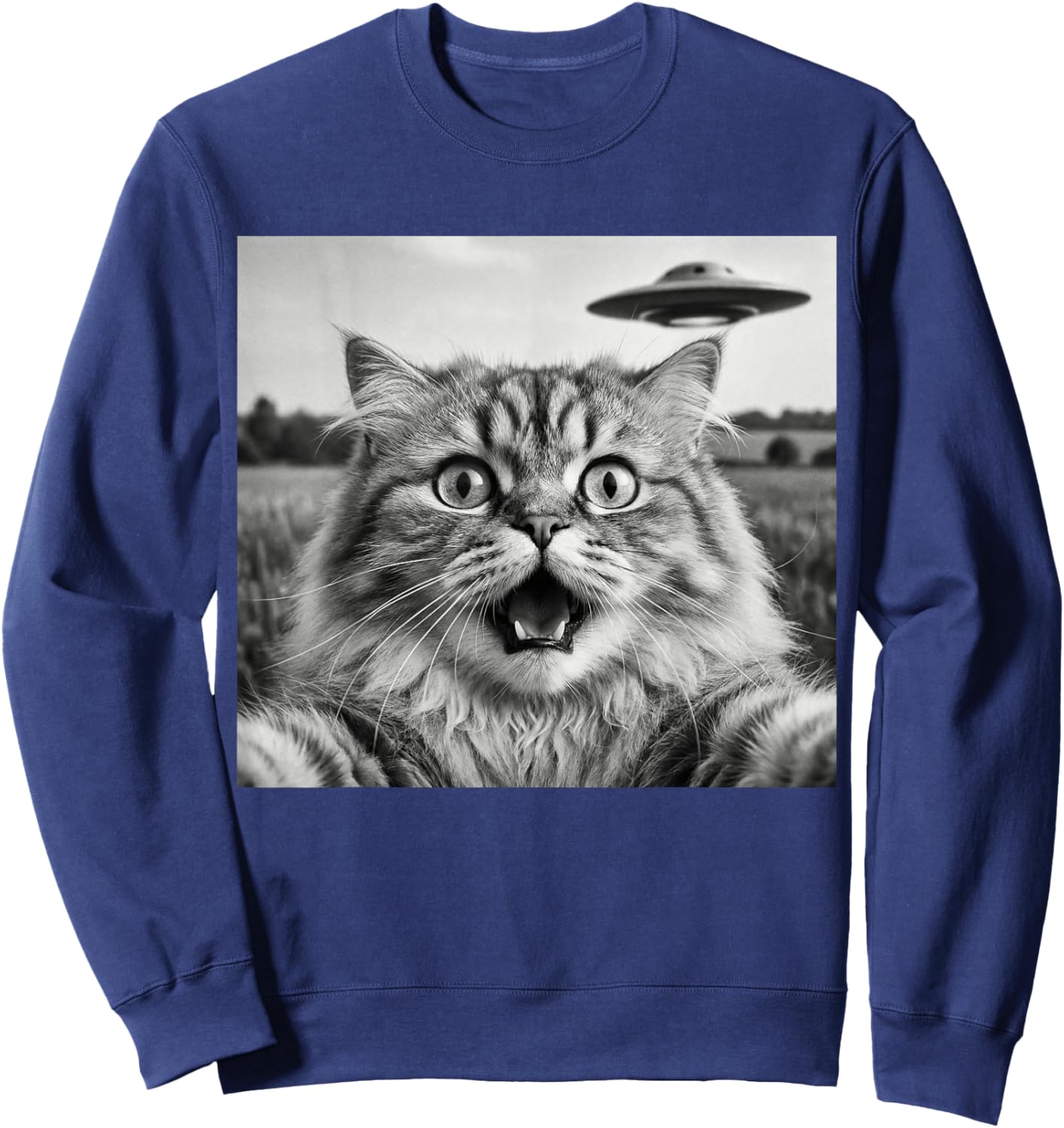 Funny Cat Taking Selfie with UFO Alien Spaceship Sci-Fi Sweatshirt - Sweatshirt | Navy