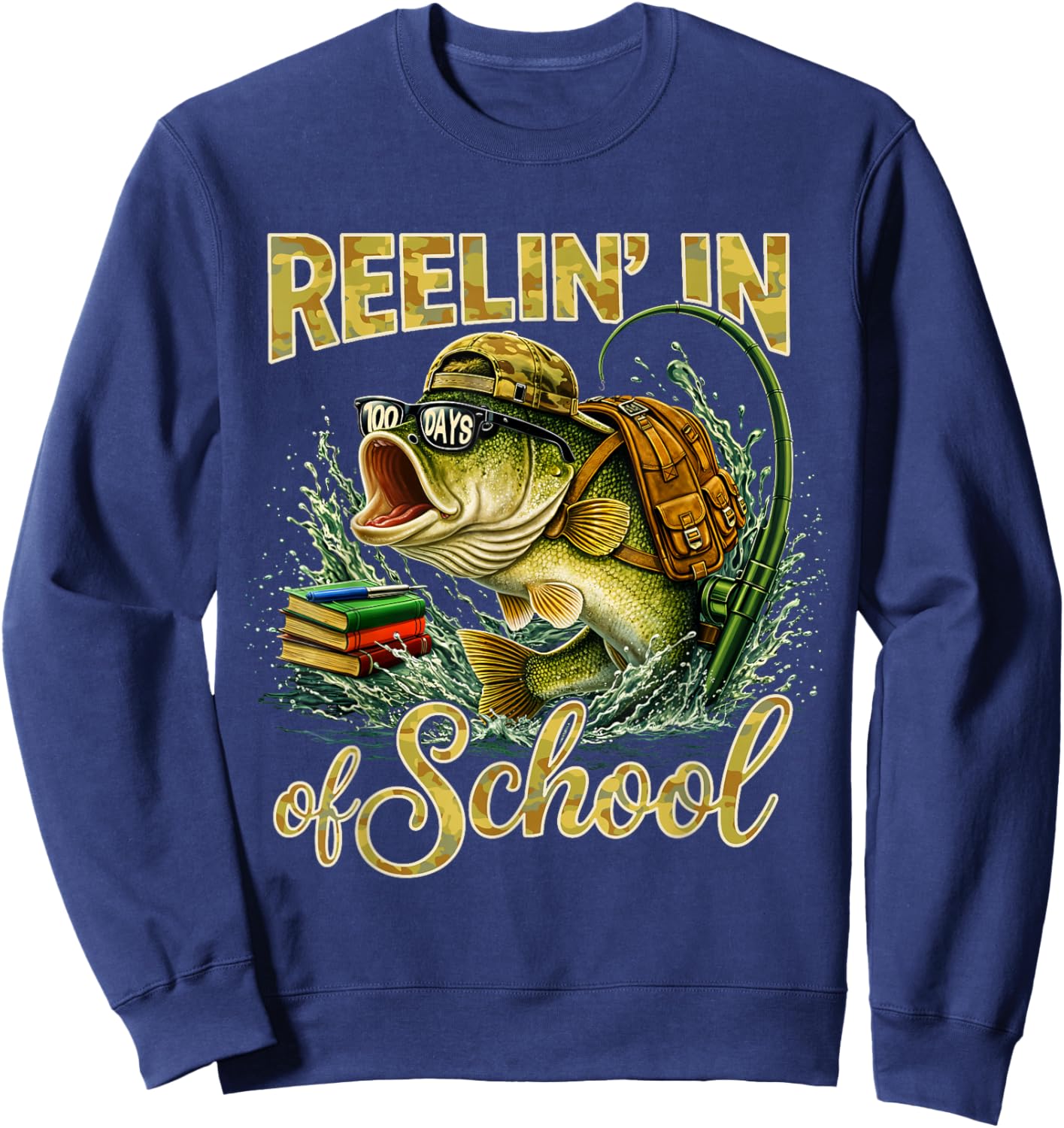 Reelin' in 100 Days of School Fishing Bass Kids Teacher Sweatshirt - Sweatshirt | Navy