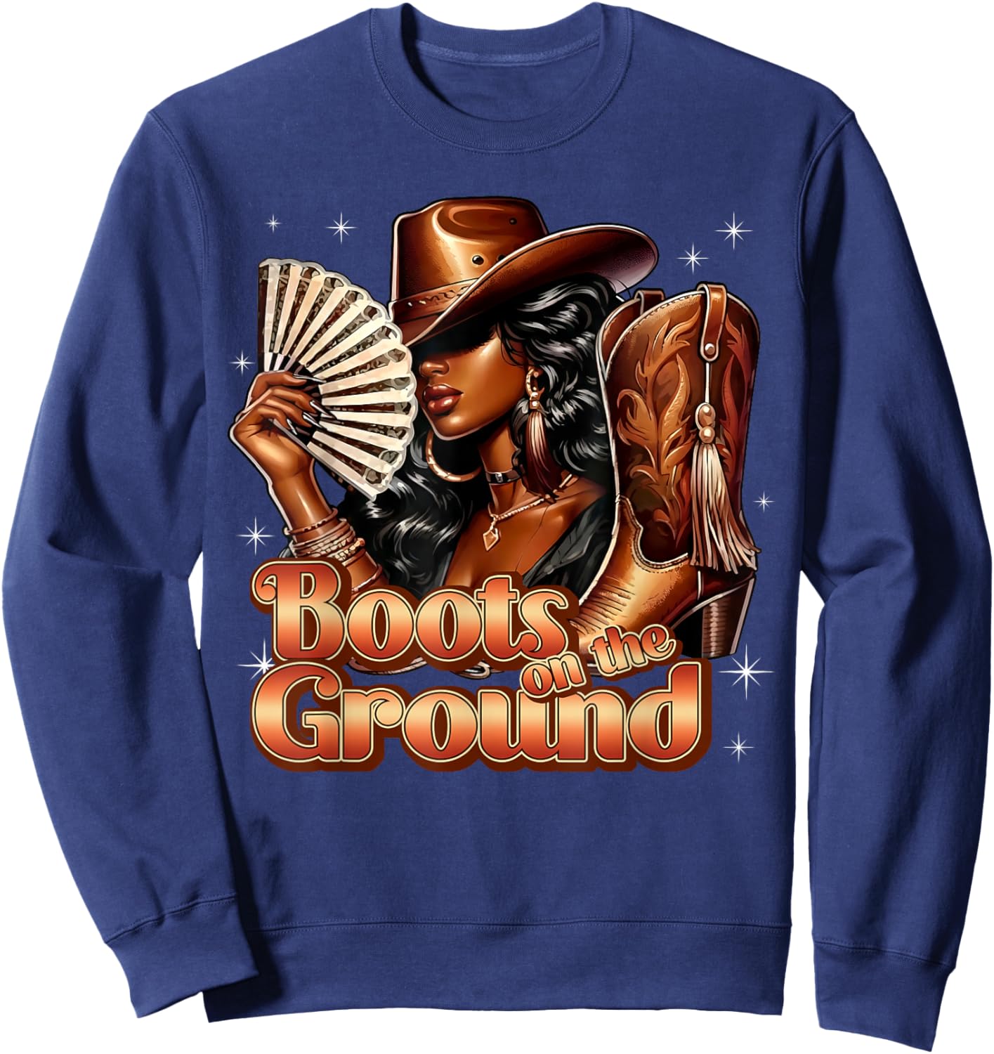 Boots On Ground Western Cowgirl Hat Boots African American Sweatshirt - Sweatshirt | Navy