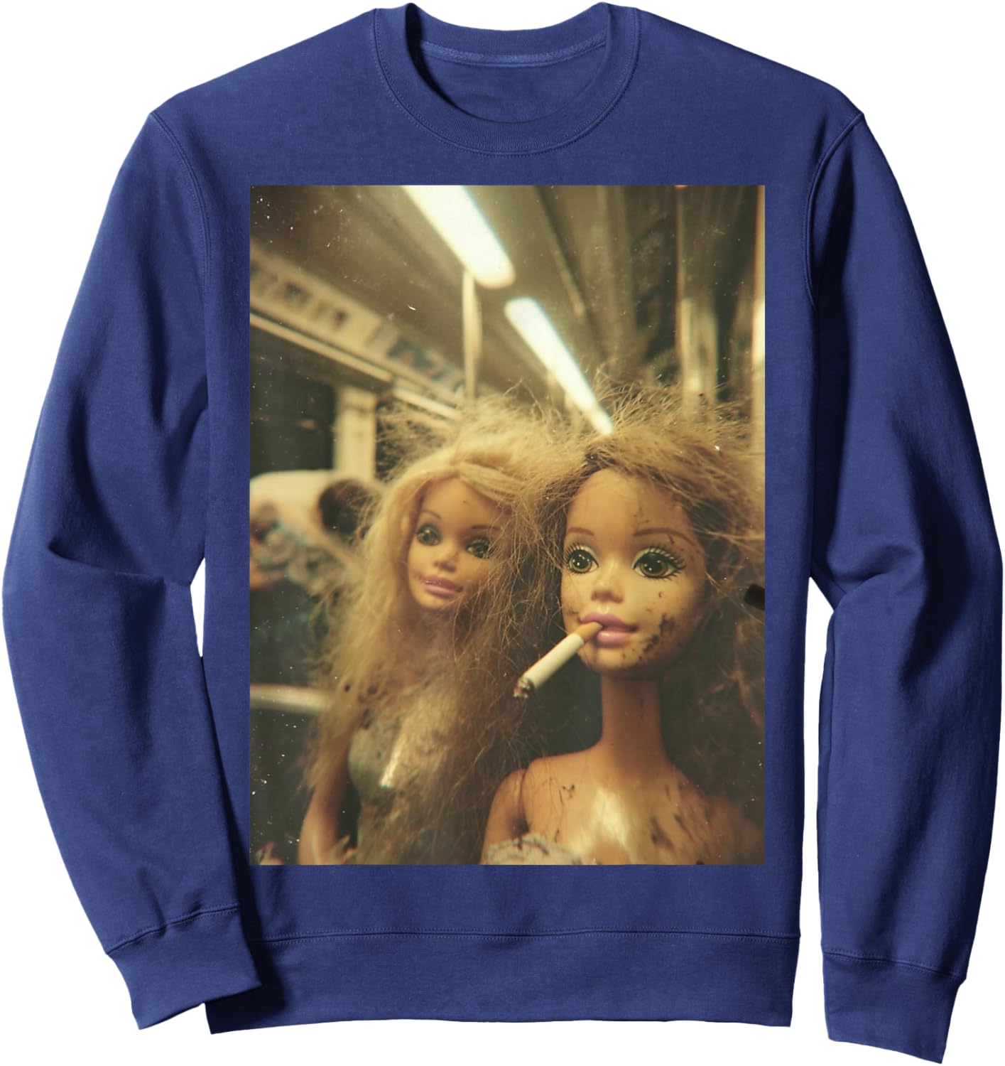 Funny Disgusting Doll face Meme Smoking Y2K Sarcastic Gift Sweatshirt - Sweatshirt | Navy