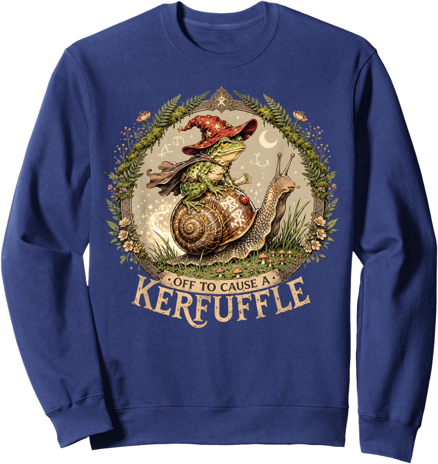 Off to Cause a Kerfuffle Witchy Frog Wizard Snail Meme Humor Sweatshirt - Sweatshirt | Navy