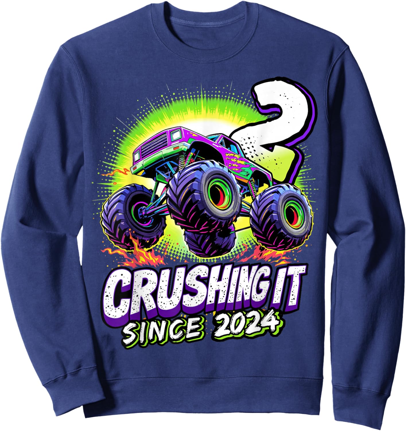 Birthday Monster Truck 2 Year Old Boys 2nd Party Born 2024 Sweatshirt - Sweatshirt | Navy