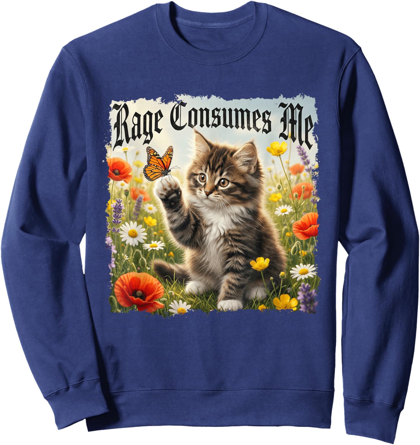 Rage Consumes Me Funny Cat Butterfly Heavy Metal Sweatshirt - Sweatshirt | Navy
