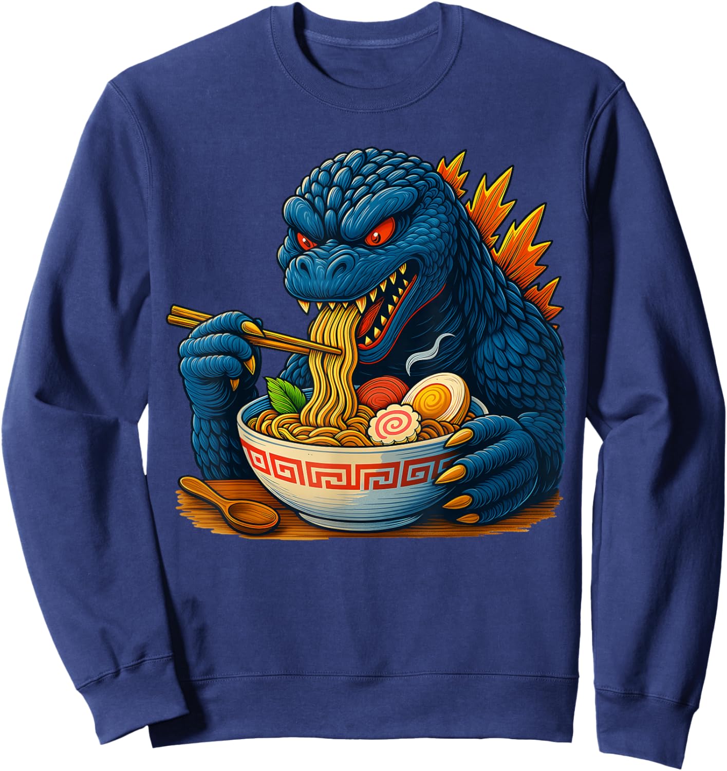 Kaiju Eating Ramen Japanese Funny Monster Eating Ramen Sweatshirt - Sweatshirt | Navy