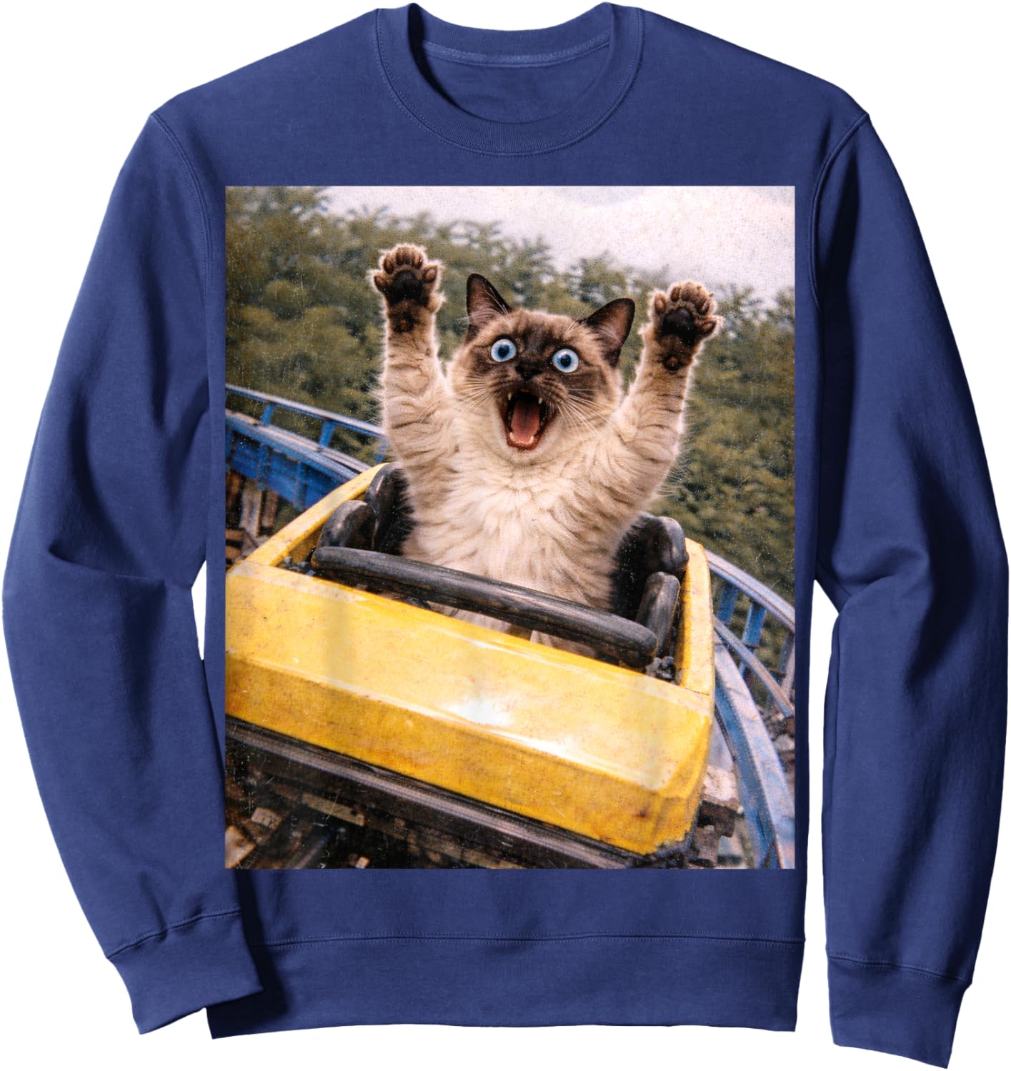 Funny Cat Roller Coaster Silly Meme Graphic Siamese Cat Sweatshirt - Sweatshirt | Navy