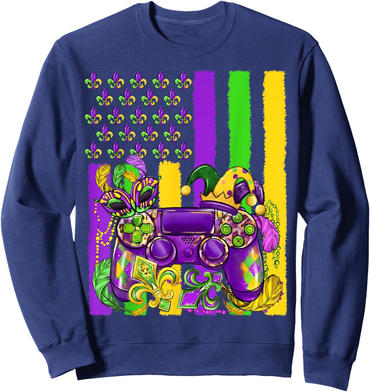 Mardi Gras Video Game Flag Fleur De Lis Jester Boy Girl Kid Sweatshirt - Sweatshirt | Navy