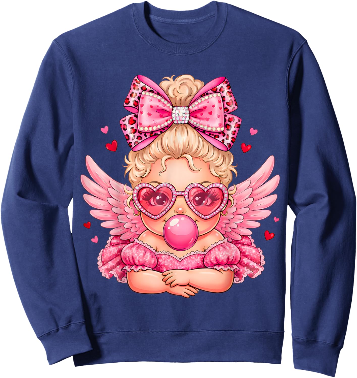 Leopard Bow Cupid Valentine Day Cute Cupid Blowing Bubble Sweatshirt - Sweatshirt | Navy