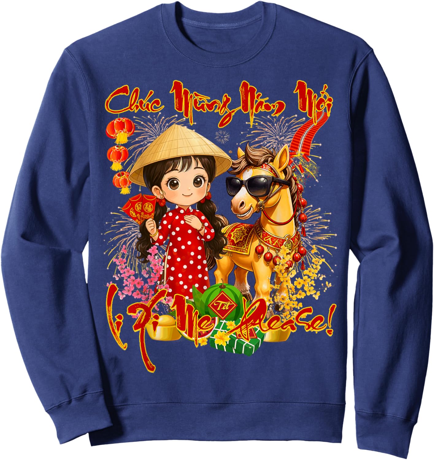 Happy TET Chuc Mung NAM Moi 2026 Li Xi Me Please Kids Girls Sweatshirt - Sweatshirt | Navy