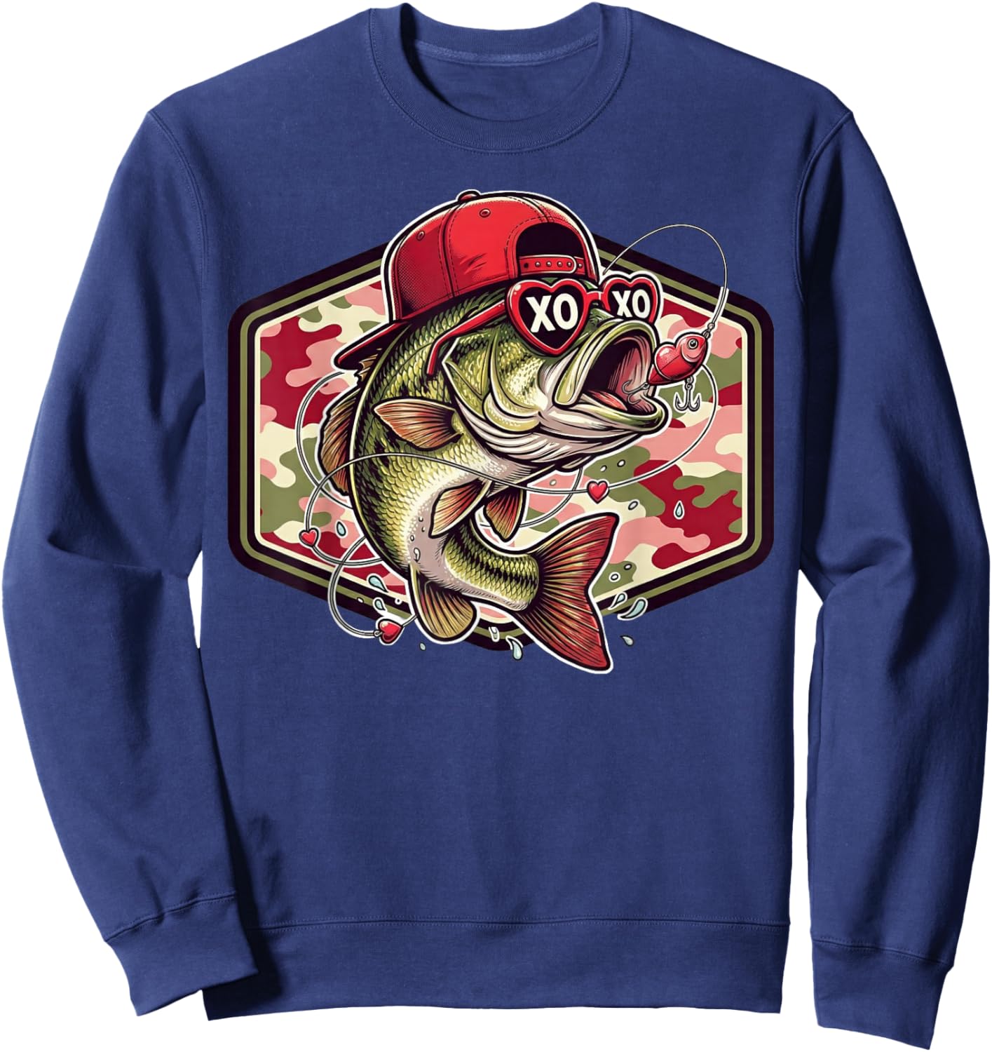 Valentine Bass Fishing Camo Fisherman Valentines Day Sweatshirt - Sweatshirt | Navy