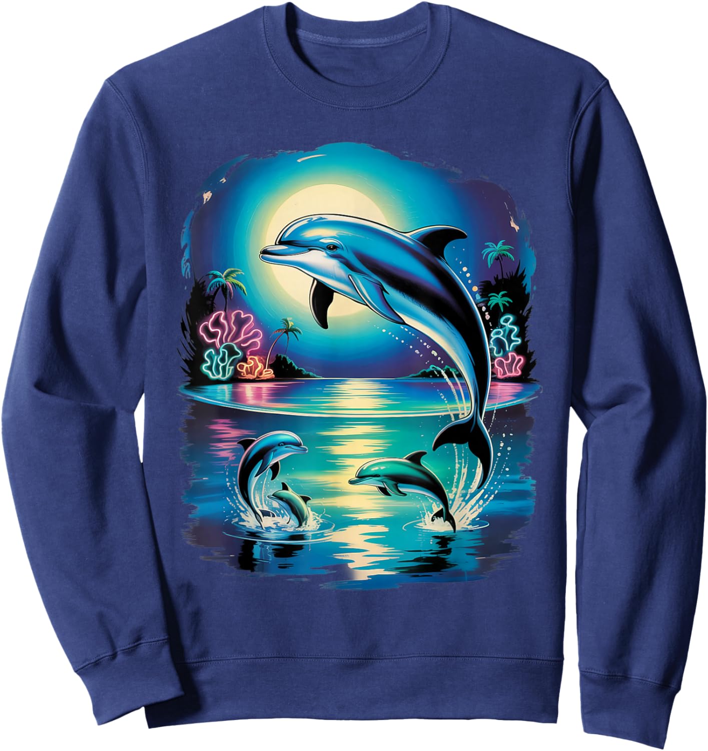 Vintage Retro 90s Airbrushed Dolphins in Ocean Sunset Sweatshirt - Sweatshirt | Navy