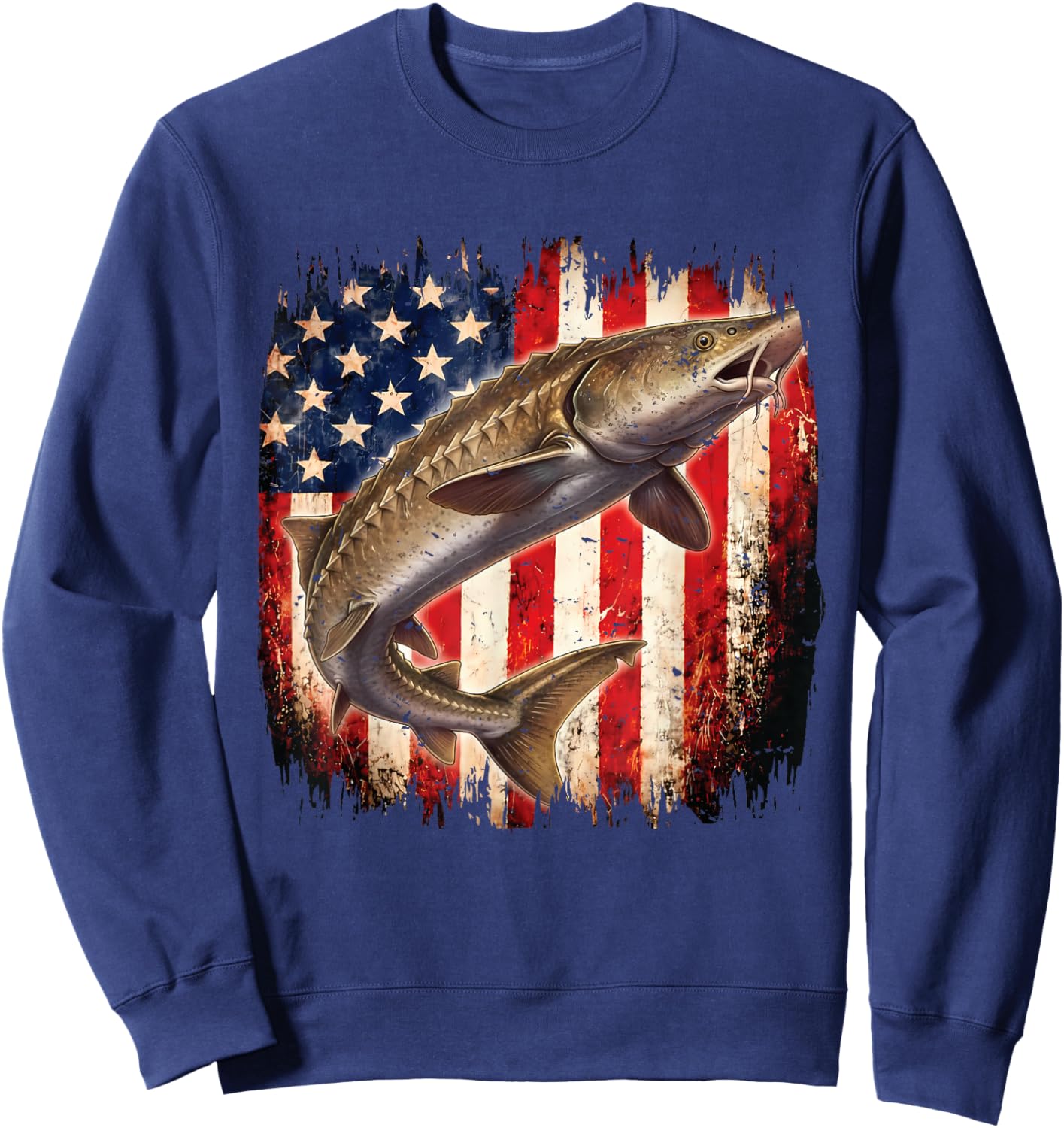 American Flag Sturgeon Fish Fishing Vintage Fisherman Sweatshirt - Sweatshirt | Navy