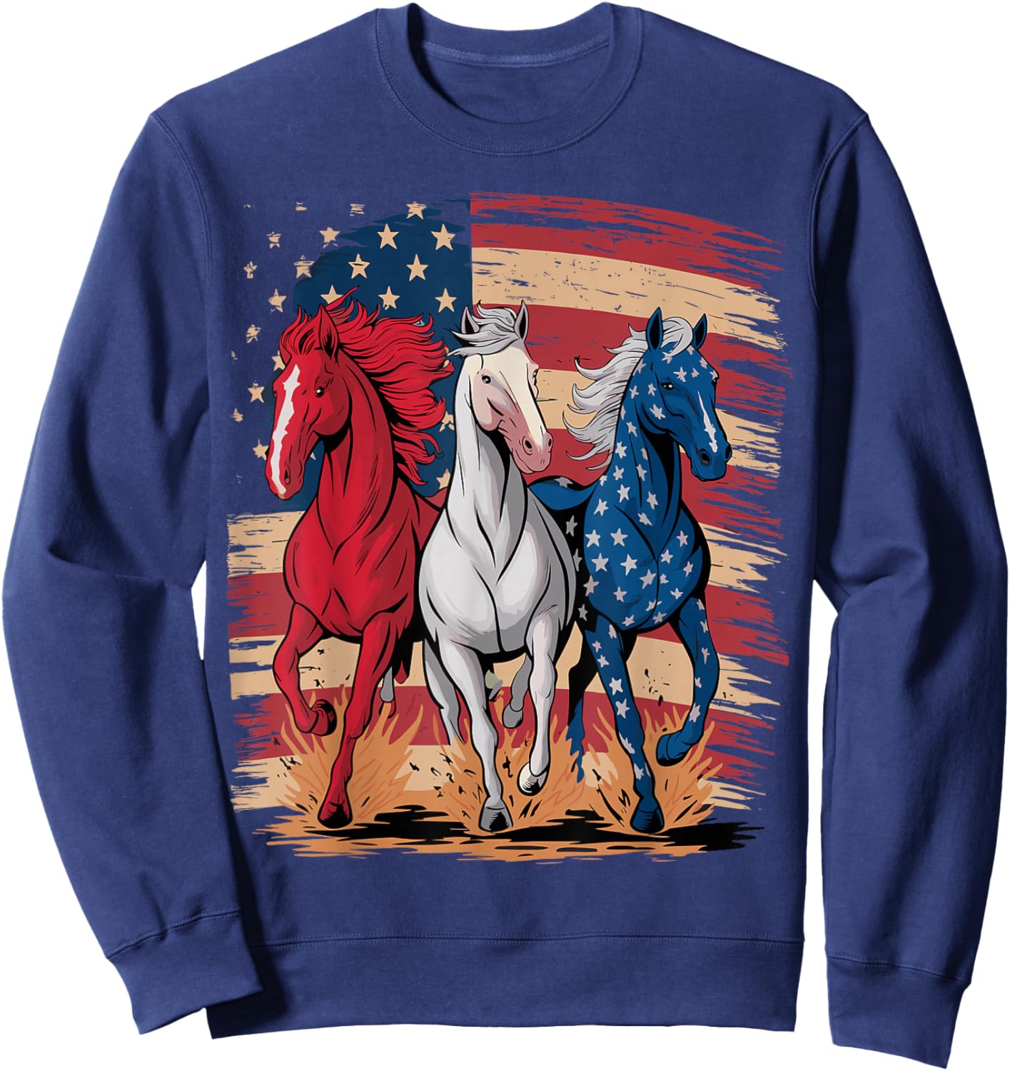 Horse Patriotic USA Flag 4th of July Horses Sweatshirt - Sweatshirt | Navy