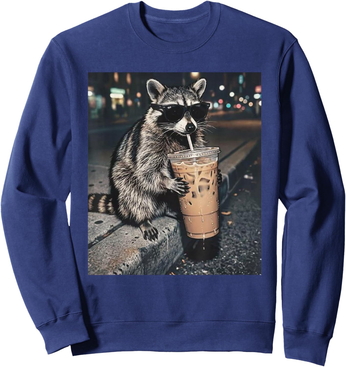 Funny Raccoon Drinking Iced Coffee Meme Sweatshirt - Sweatshirt | Navy
