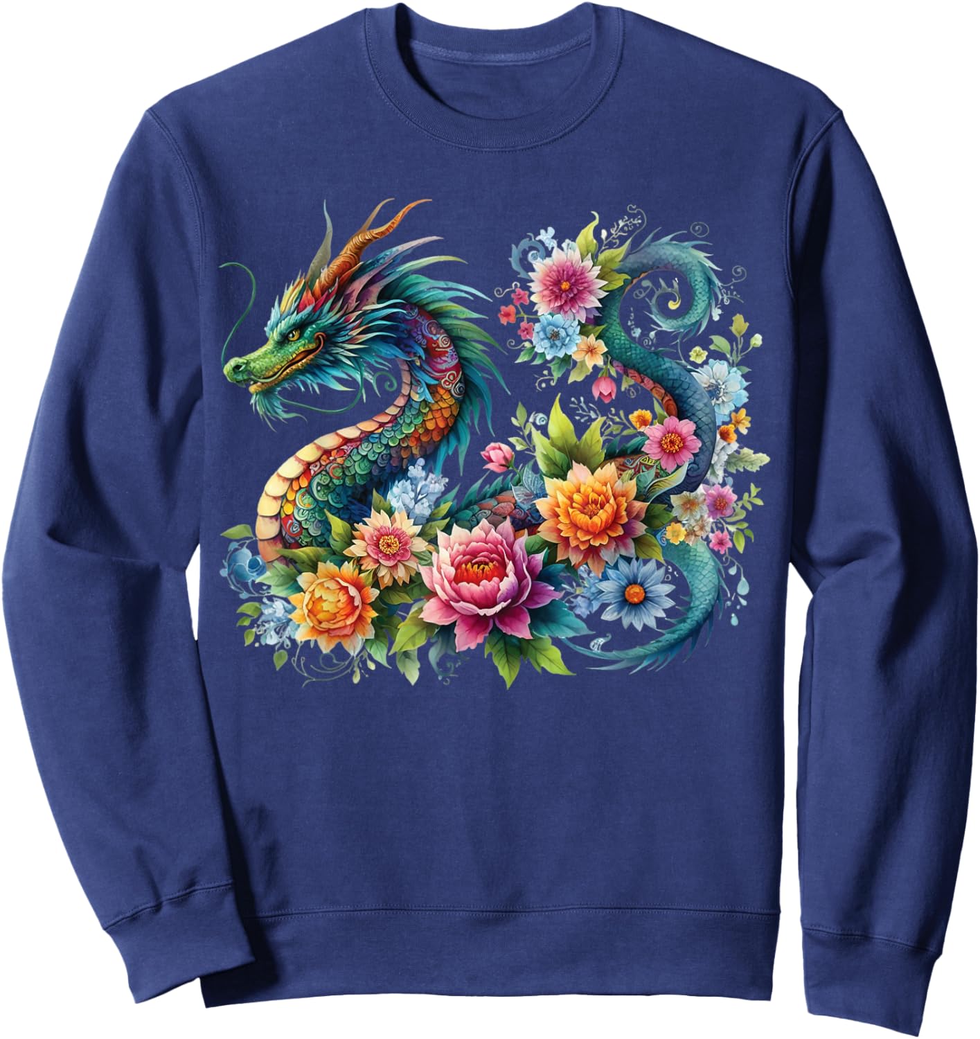 Watercolor Dragon Flowers Beautiful Art Colorful Graphic Sweatshirt - Sweatshirt | Navy