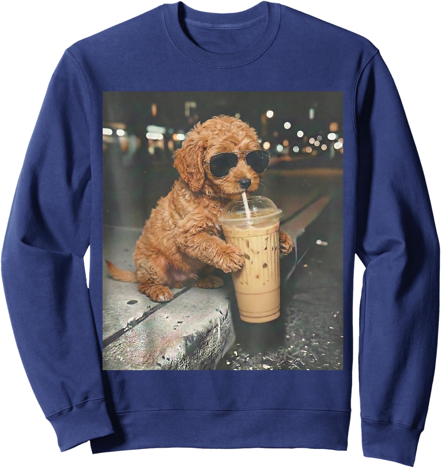 Goldendoodle Drinking Iced Coffee Funny Dog Meme Doodle Sweatshirt - Sweatshirt | Navy