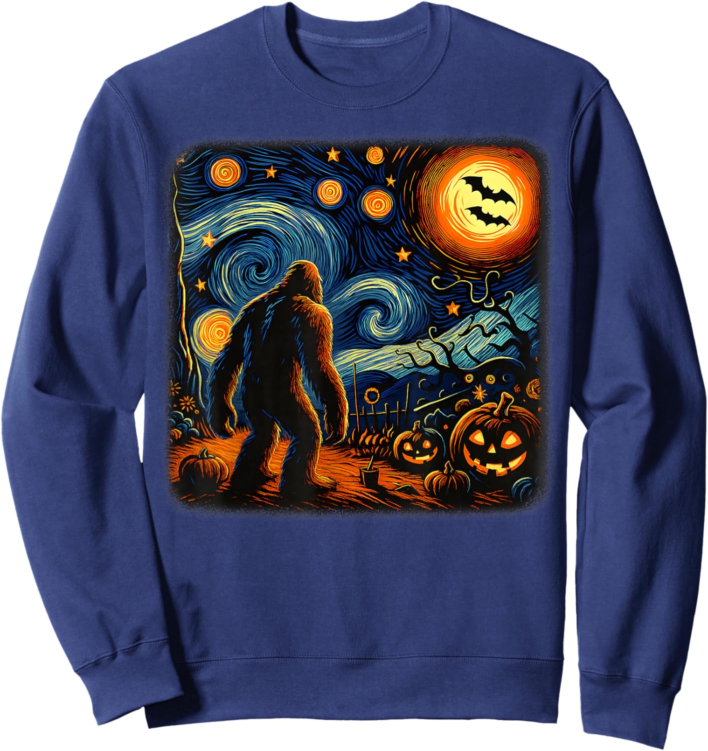 Halloween Bigfoot Starry Night Van Gogh Sasquatch Pumpkin Sweatshirt - Sweatshirt | Navy
