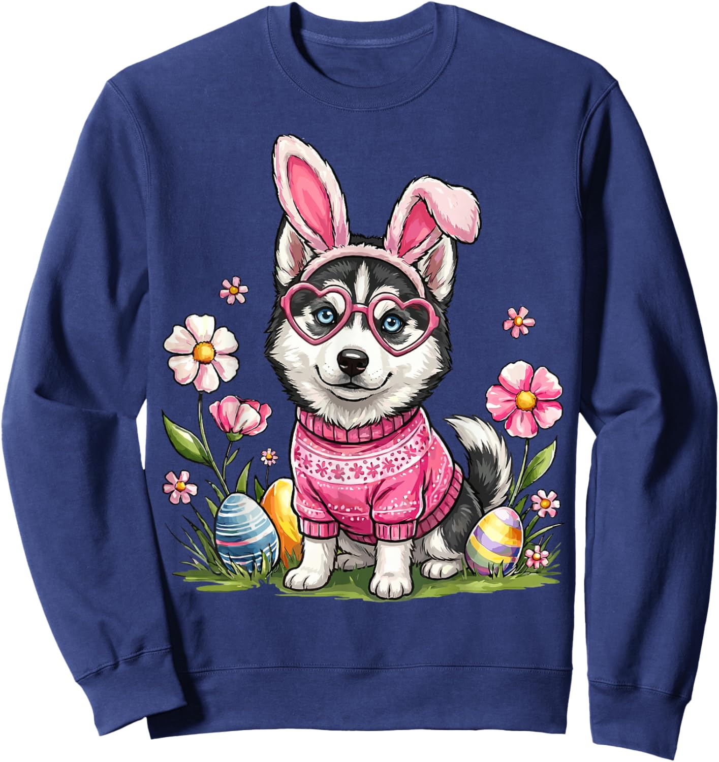 Easter Day Siberian Husky Dog Outfit Bunny Ears Egg Spring Sweatshirt - Sweatshirt | Navy