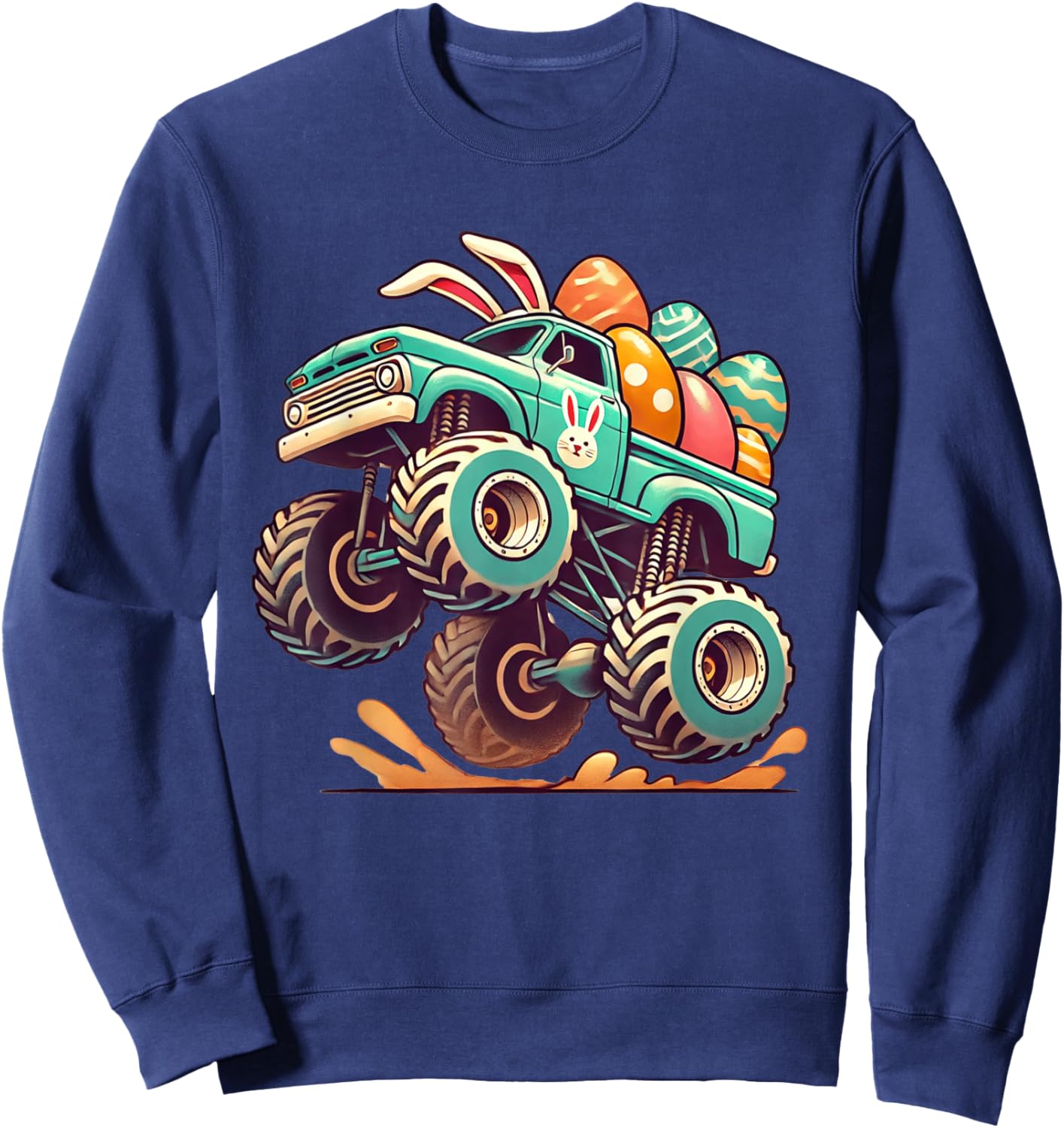 Monster Truck Bunny Ears Happy Easter Day Kids Boys Funny Sweatshirt - Sweatshirt | Navy